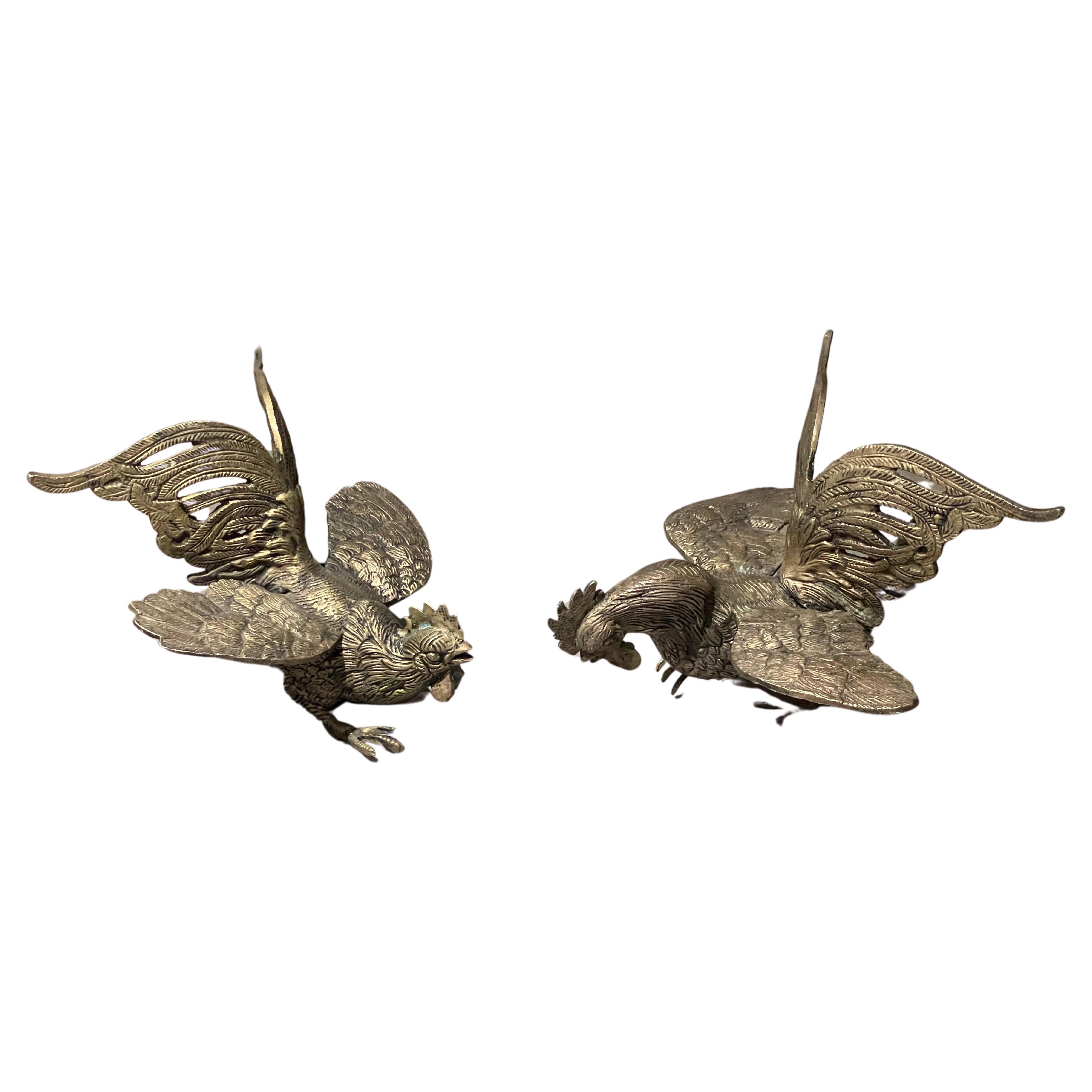 Antique Pair of Silver Rooster Stands, Golden Decoration Object for Home Décor For Sale