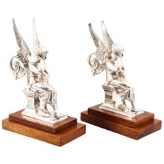 Antique Pair of Silvered Bronze Seated Angels, 19th Century