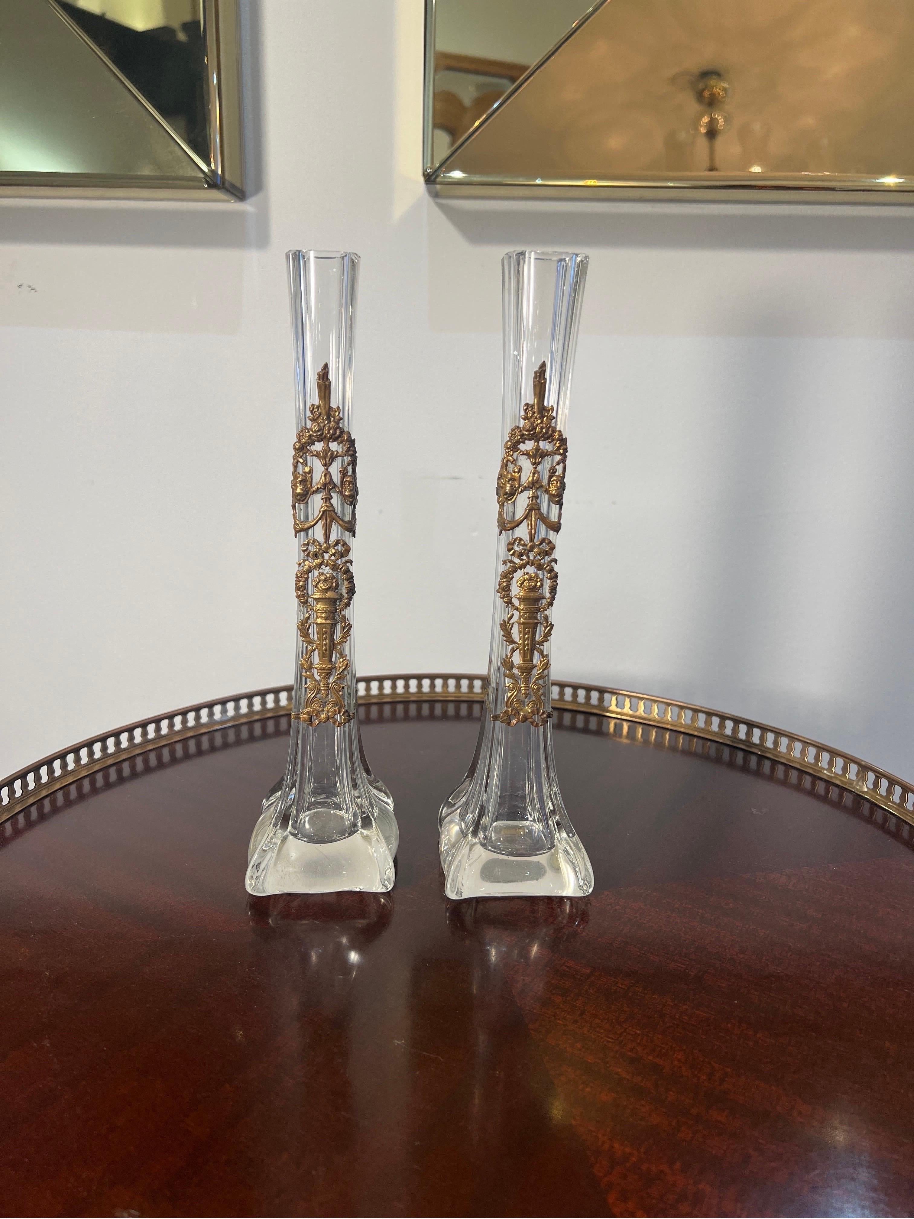 A beautifully made pair of single flower vases in blown glass and ormolu by baccarat C1890s 