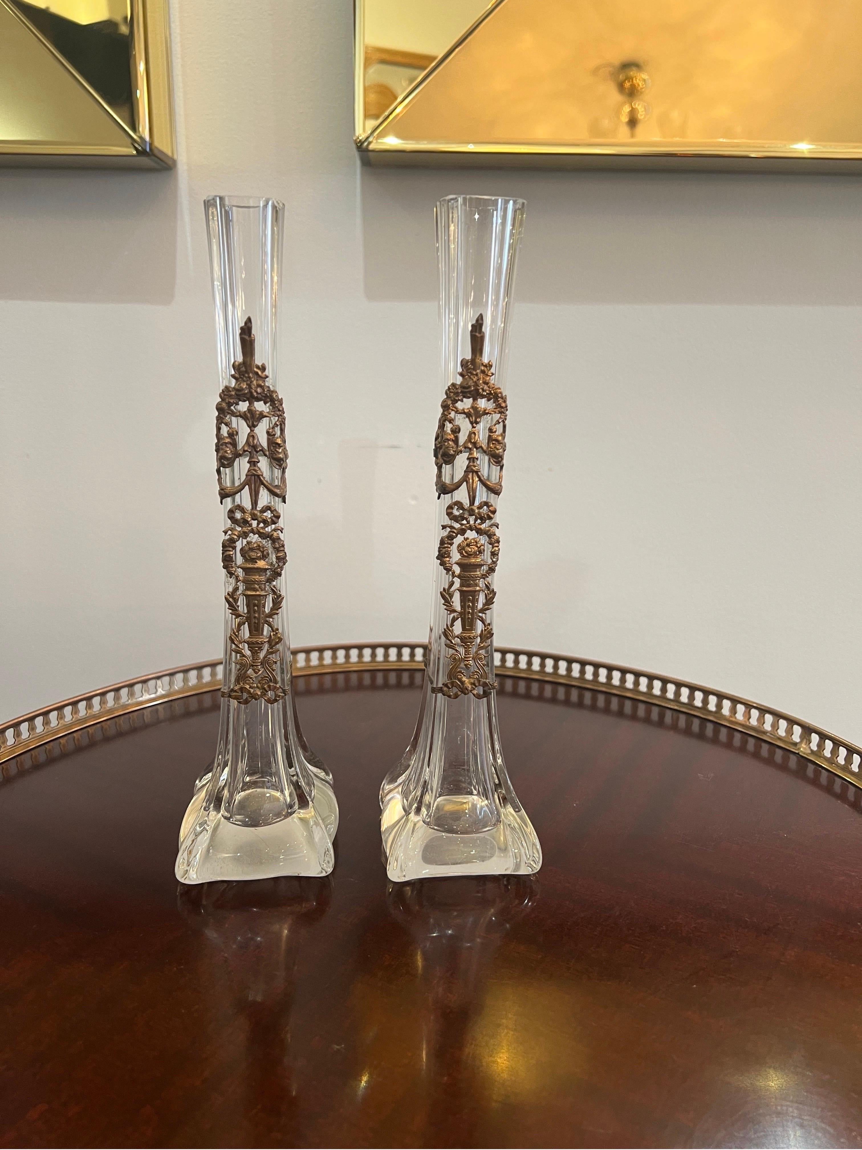 French Antique pair of single flower vases by baccarat  For Sale