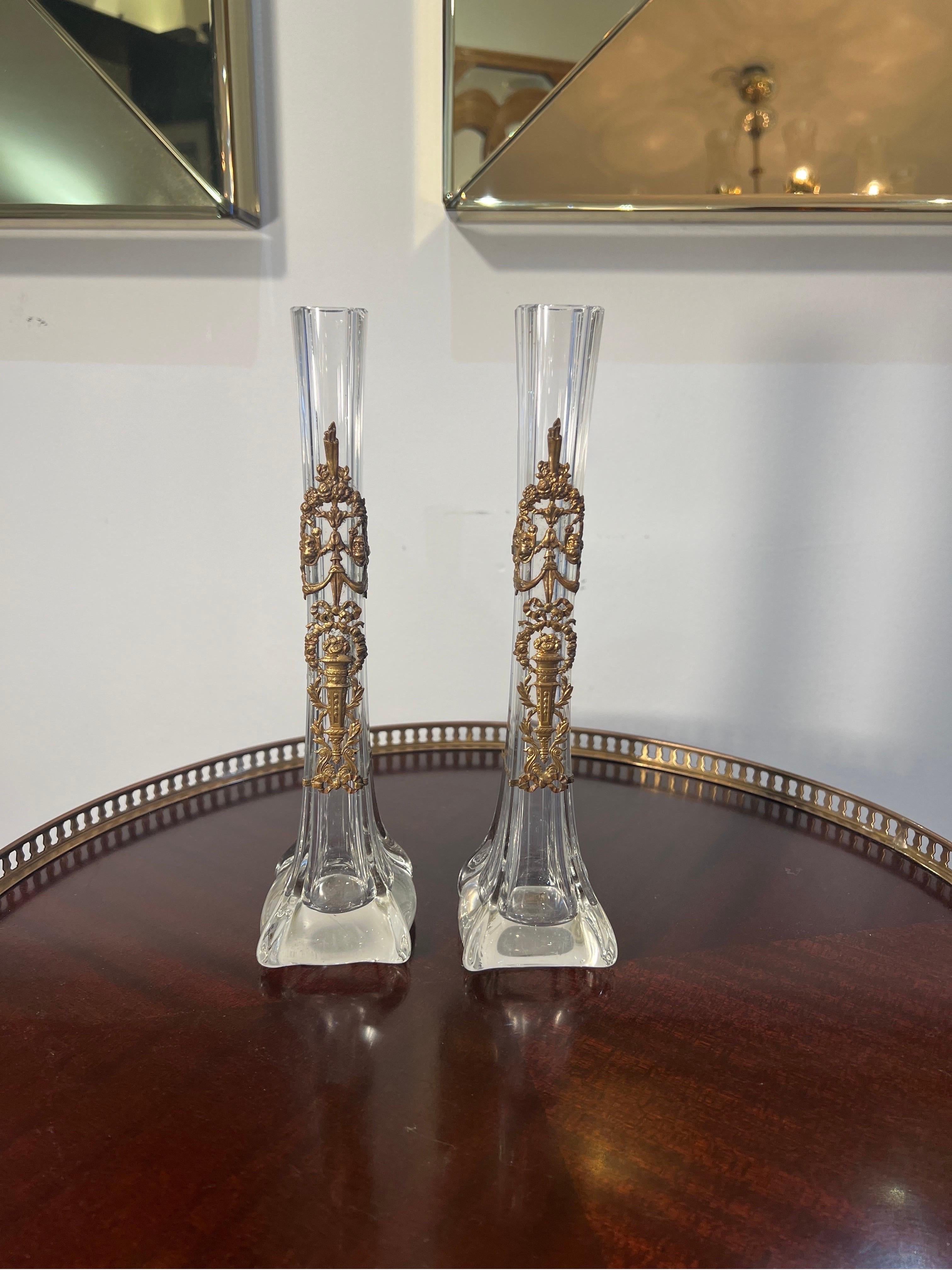 Gilt Antique pair of single flower vases by baccarat  For Sale