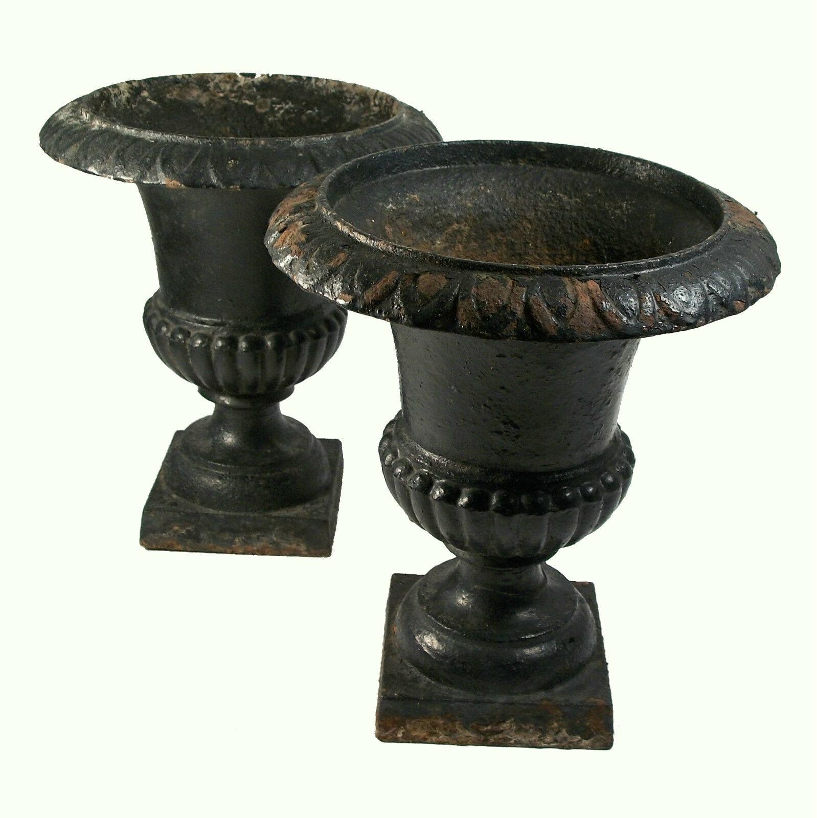 Victorian Antique Pair of Small Campagna Form Cast Iron Garden Urns, Late 19th Century
