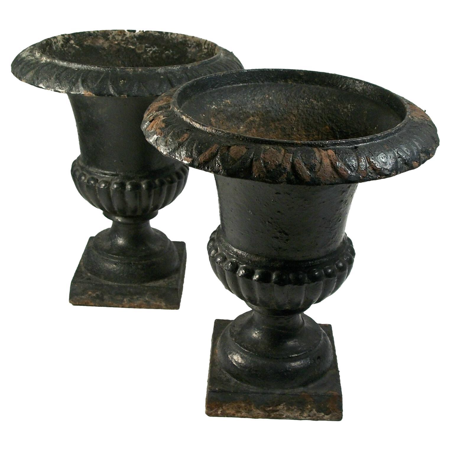 Antique Pair of Small Campagna Form Cast Iron Garden Urns, Late 19th Century