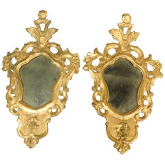 Antique Pair of Small Gilded Mirrors, Fans, 18th Century Italy