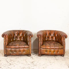 Antique Pair of Small Scale Leather Chesterfield Barrel Chairs, England
