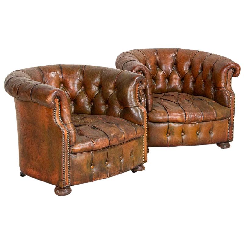 Antique Pair of Small Scale Leather Chesterfield Barrel Chairs, England