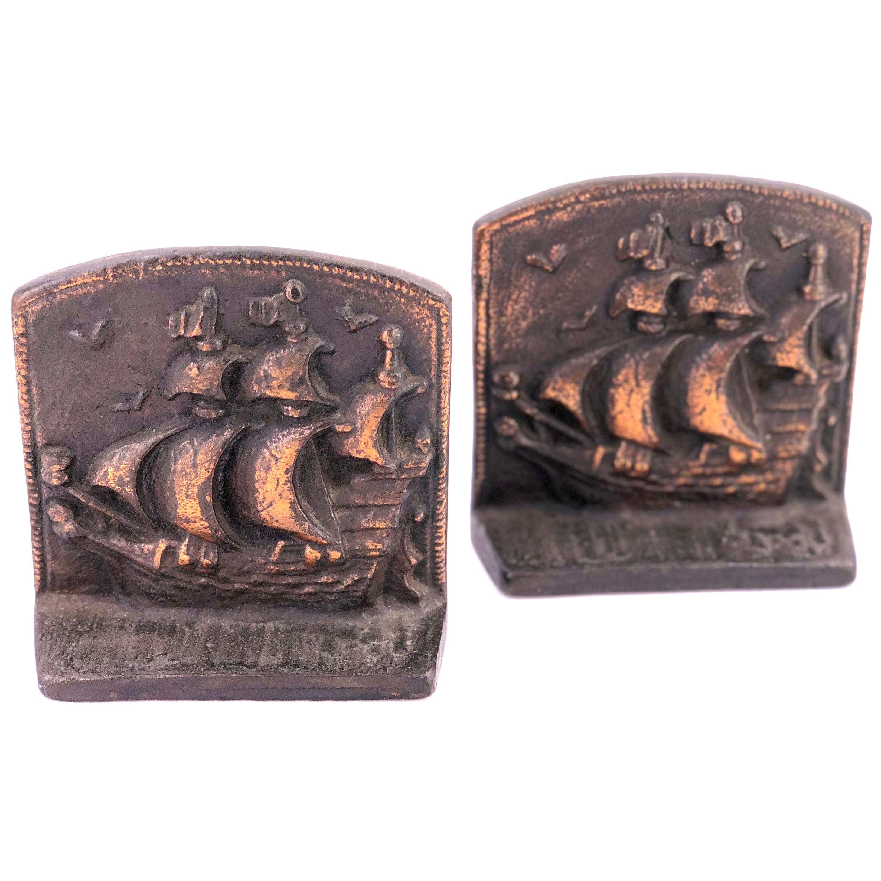 Antique Pair of Solid Bronze Bookends Galley by Novelty Manufacturing Co.