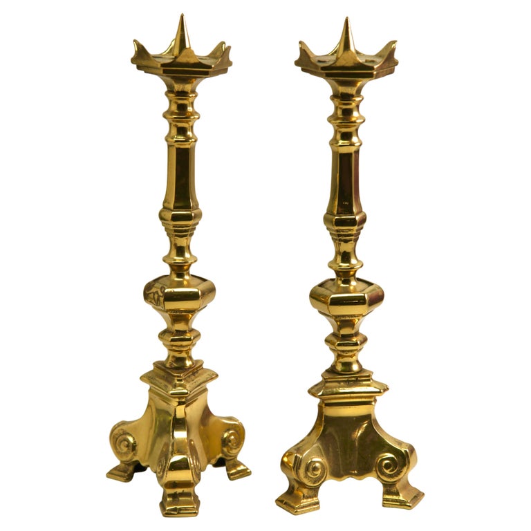 Antique Pair of Solid Cast Brass Candlesticks For Sale at 1stDibs