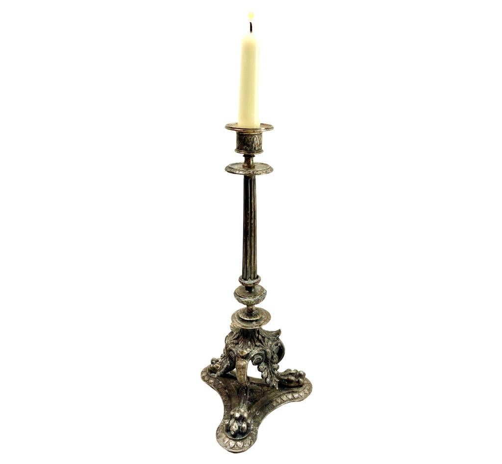 Empire Revival Antique Pair of Solid Cast Brass Candlesticks Originel Patina For Sale