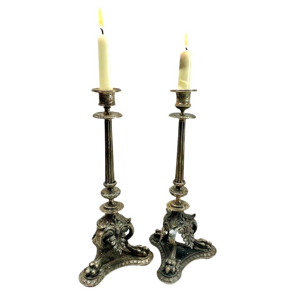 Antique Pair of Solid Cast Brass Candlesticks Originel Patina For Sale