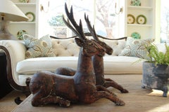 Antique Pair of Solid Wood Deer Statues