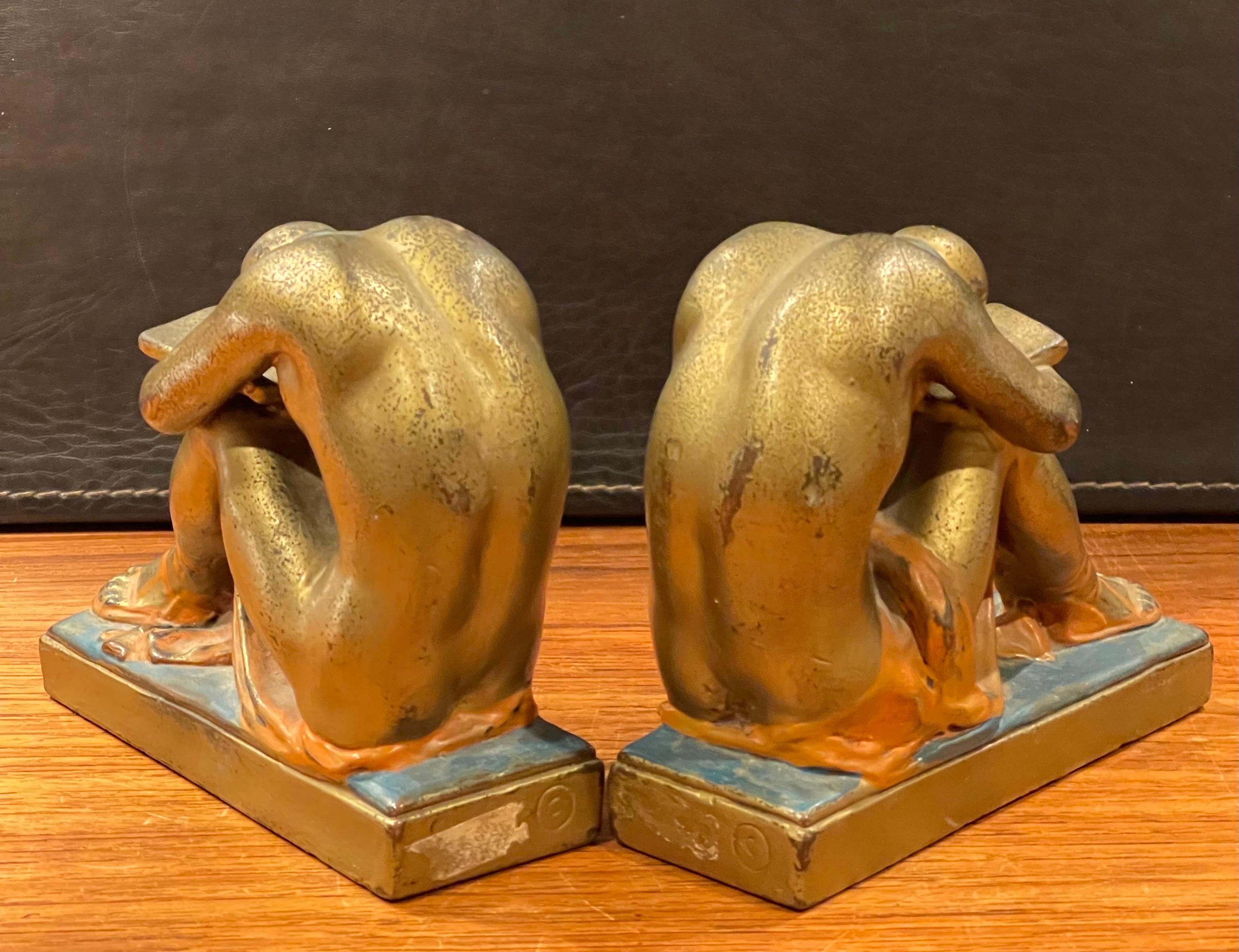 Antique Pair of Solitude / Scholar Bookends in Polychrome Bronze Finish For Sale 5