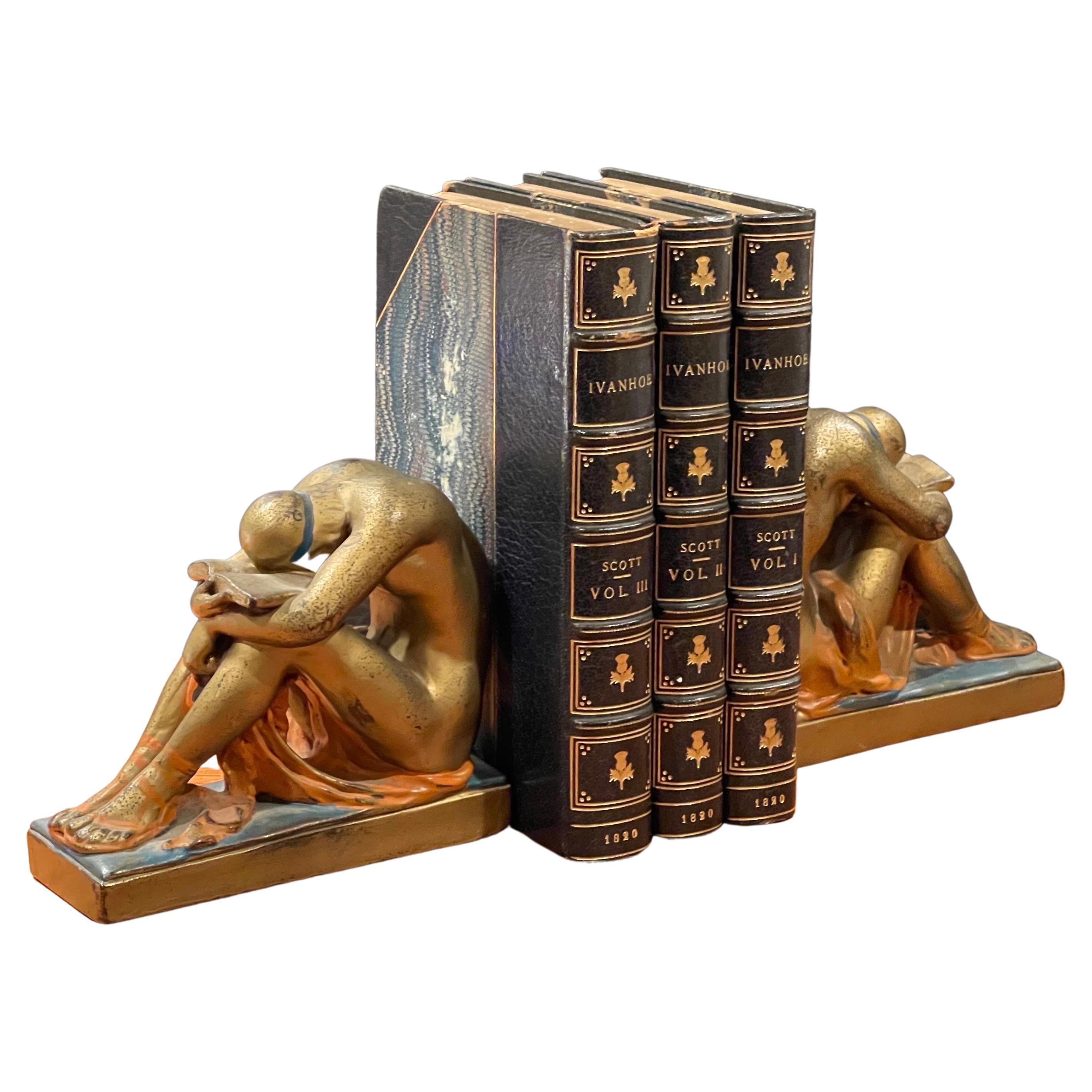 American Antique Pair of Solitude / Scholar Bookends in Polychrome Bronze Finish For Sale