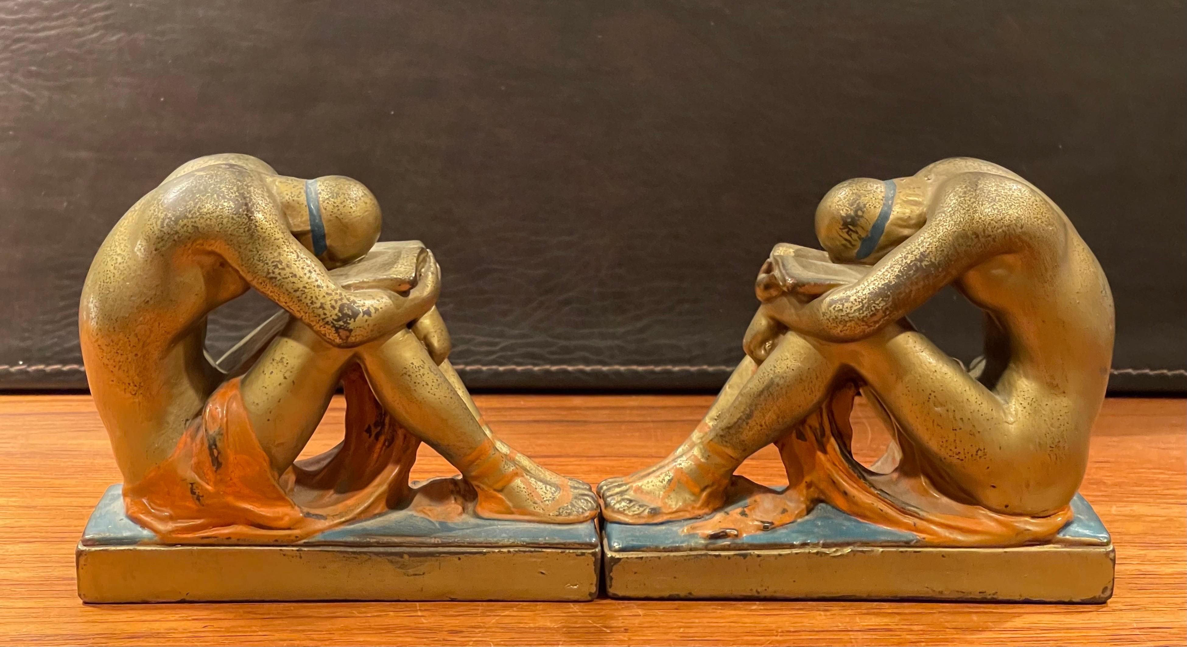 Antique Pair of Solitude / Scholar Bookends in Polychrome Bronze Finish In Good Condition For Sale In San Diego, CA