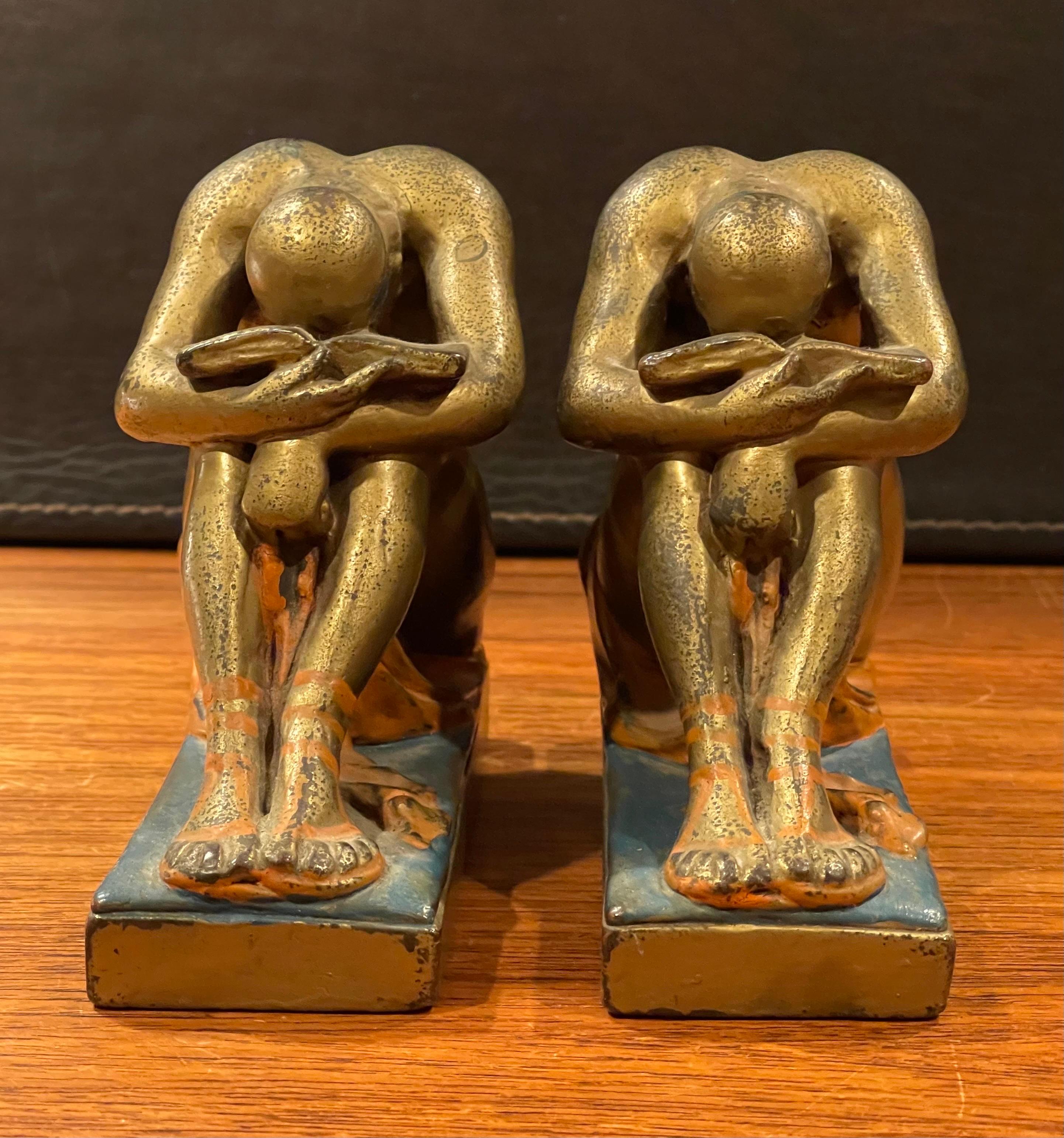 20th Century Antique Pair of Solitude / Scholar Bookends in Polychrome Bronze Finish For Sale