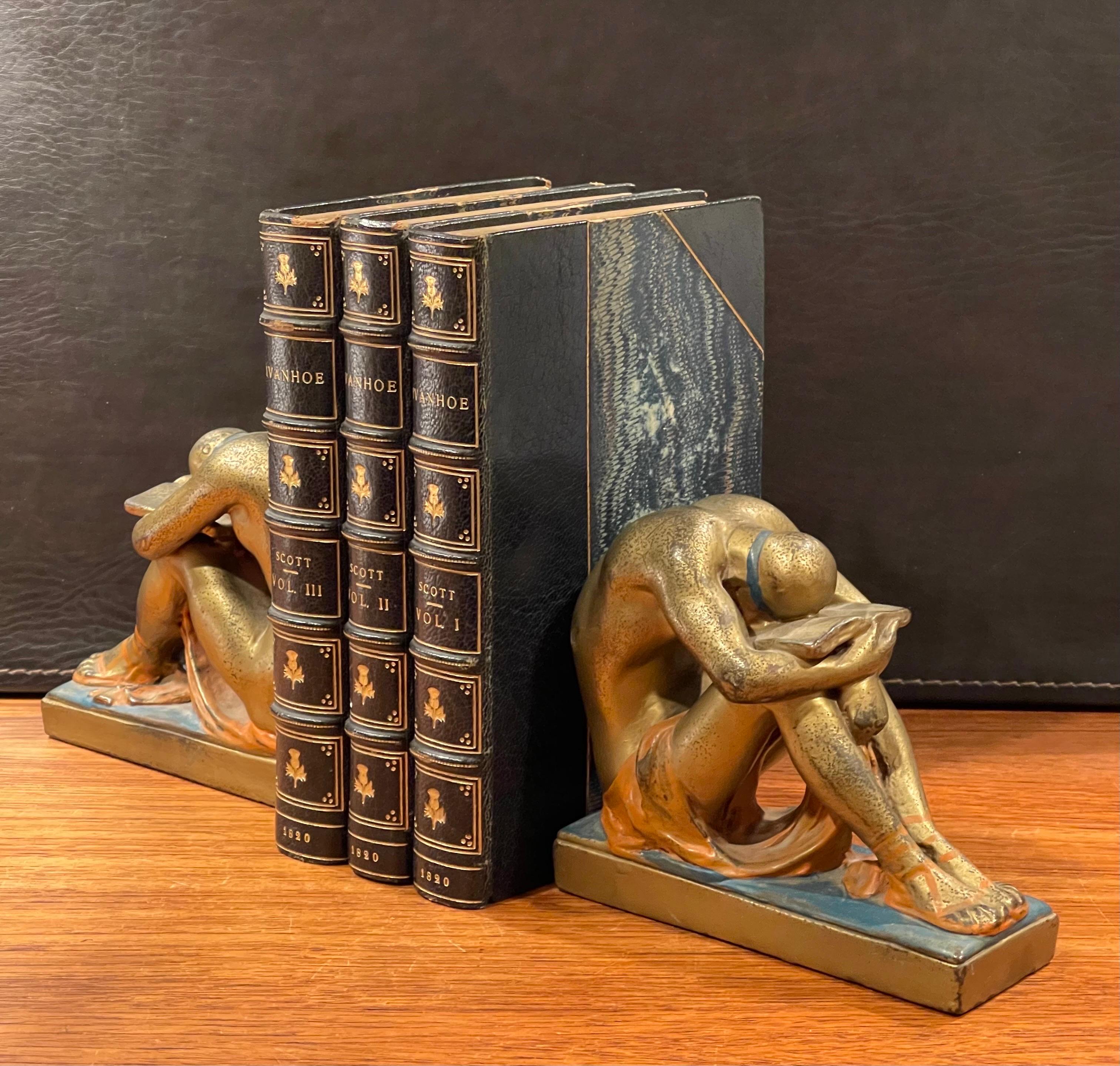 Antique Pair of Solitude / Scholar Bookends in Polychrome Bronze Finish For Sale 1