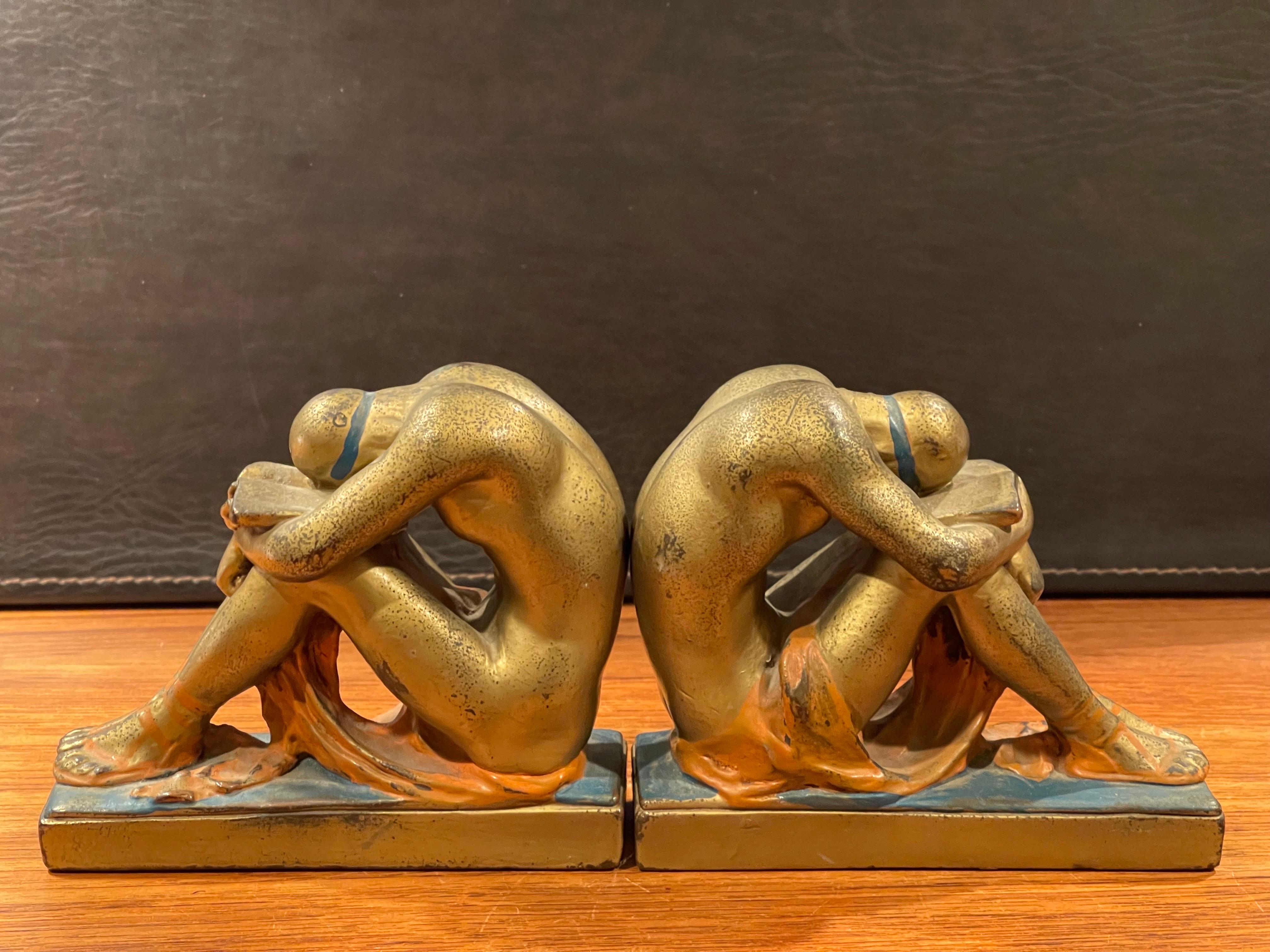 Antique Pair of Solitude / Scholar Bookends in Polychrome Bronze Finish For Sale 3