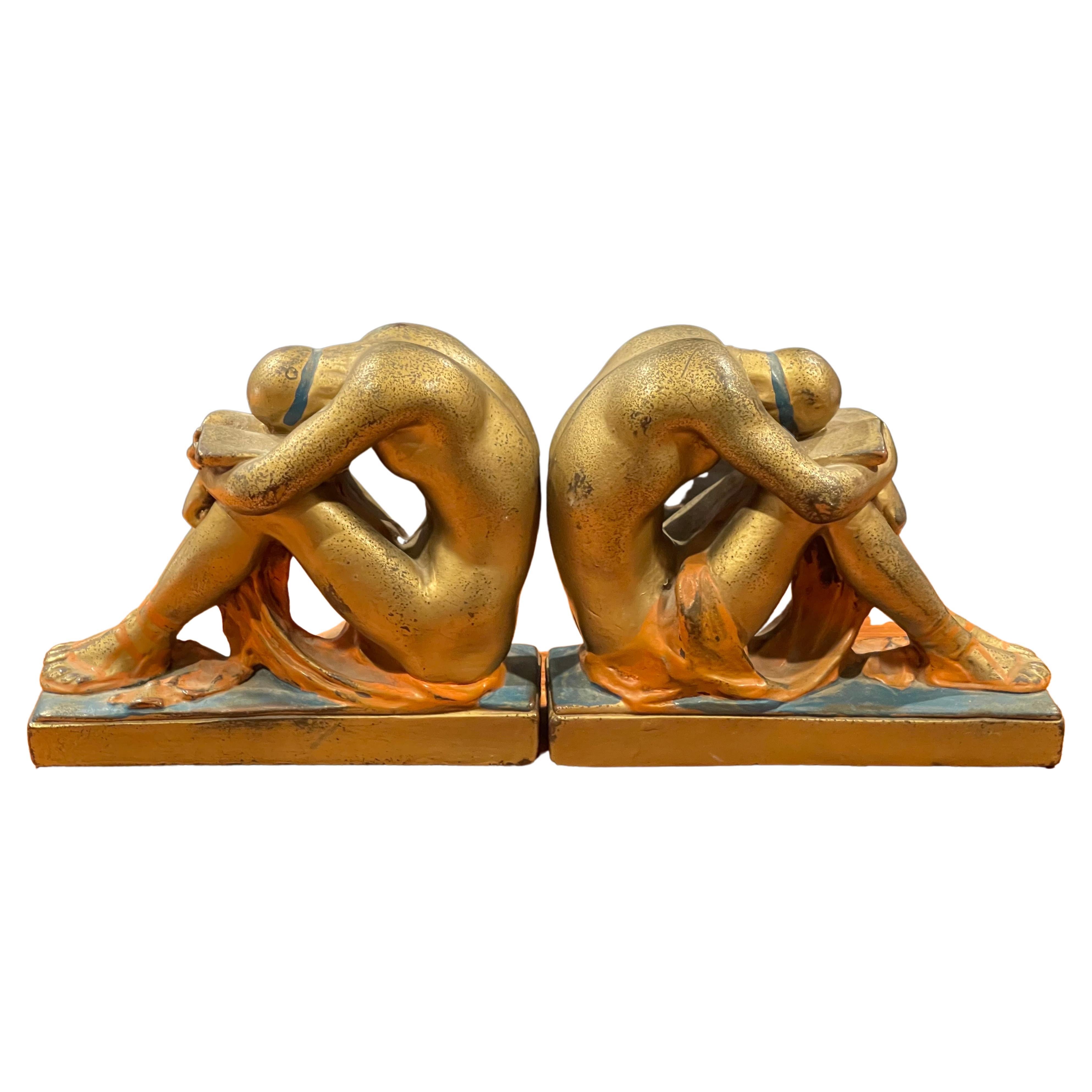 Antique Pair of Solitude / Scholar Bookends in Polychrome Bronze Finish For Sale