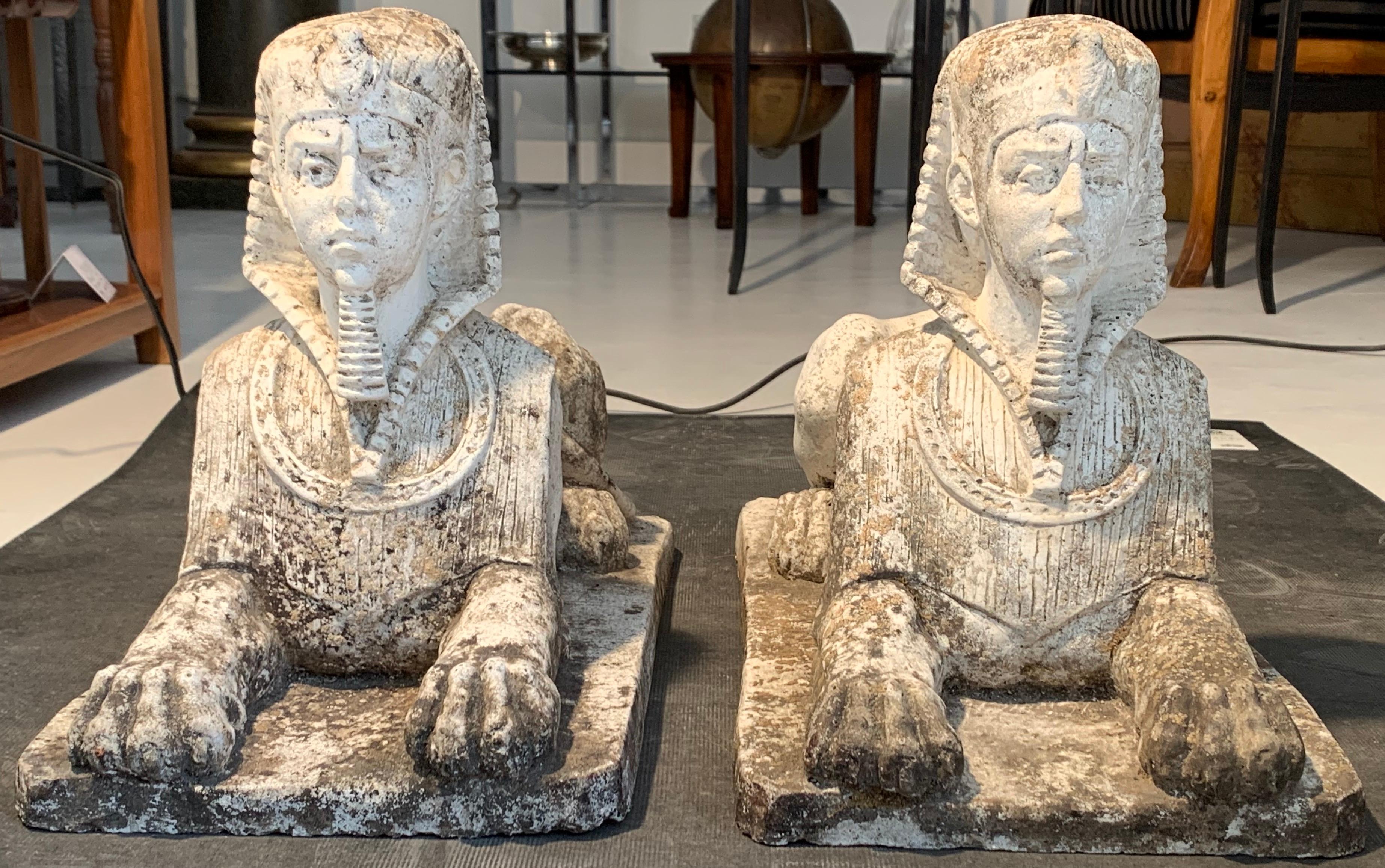 Antique Pair of Sphinx Pharaoh Head Cast Stone Garden Ornaments, Italy In Good Condition In Munich, DE
