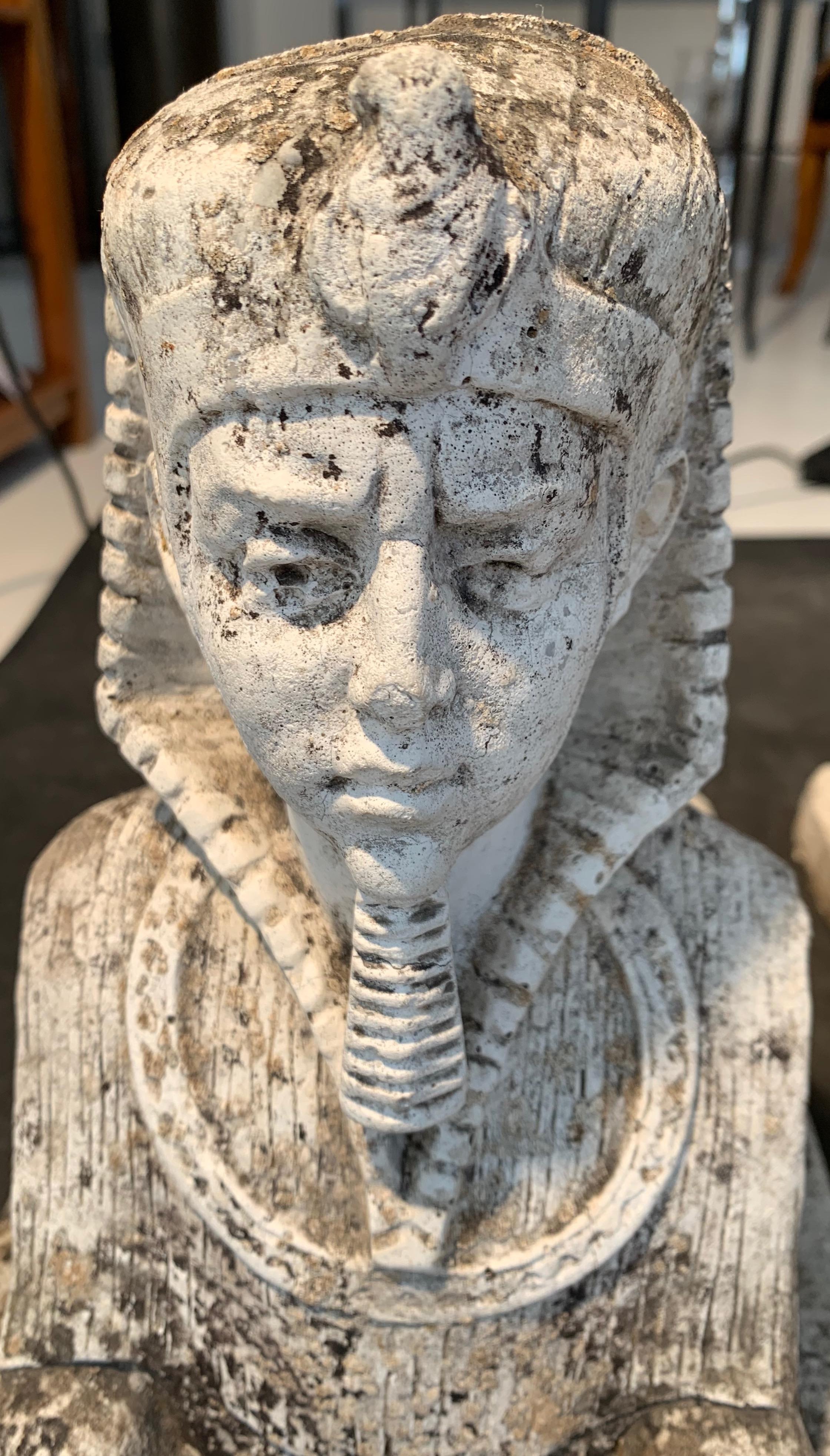 Antique Pair of Sphinx Pharaoh Head Cast Stone Garden Ornaments, Italy 2