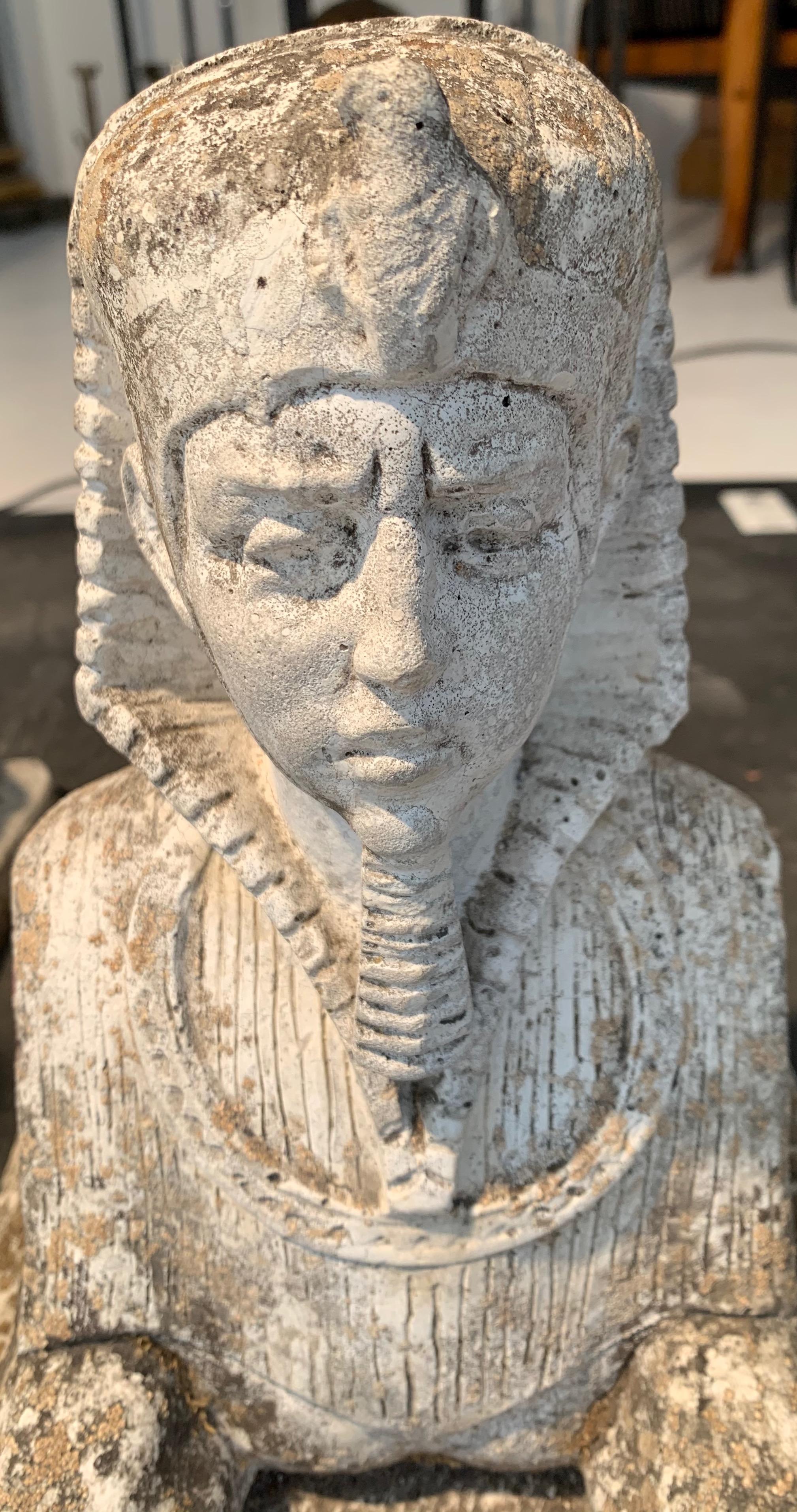 Antique Pair of Sphinx Pharaoh Head Cast Stone Garden Ornaments, Italy 3
