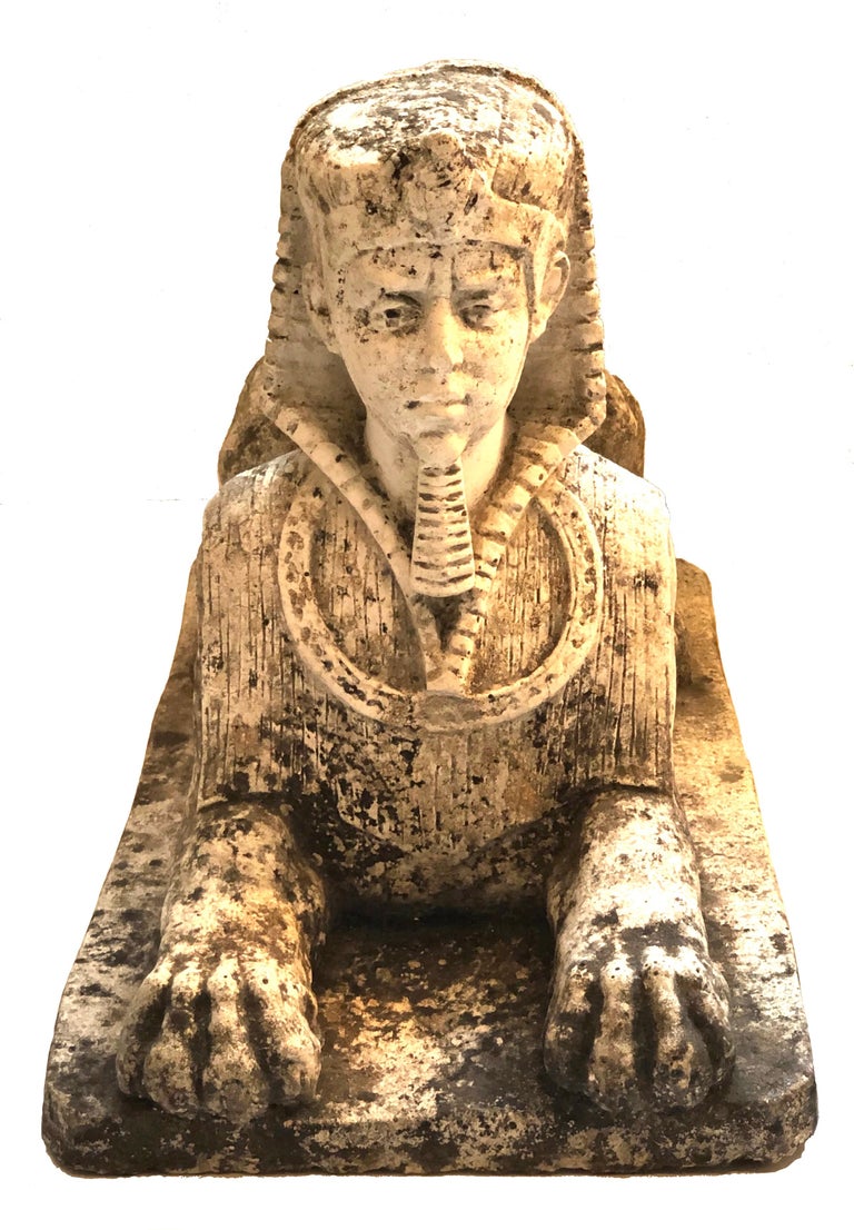 Antique Pair of Sphinx Pharaoh Head Cast Stone Garden Ornaments, Italy