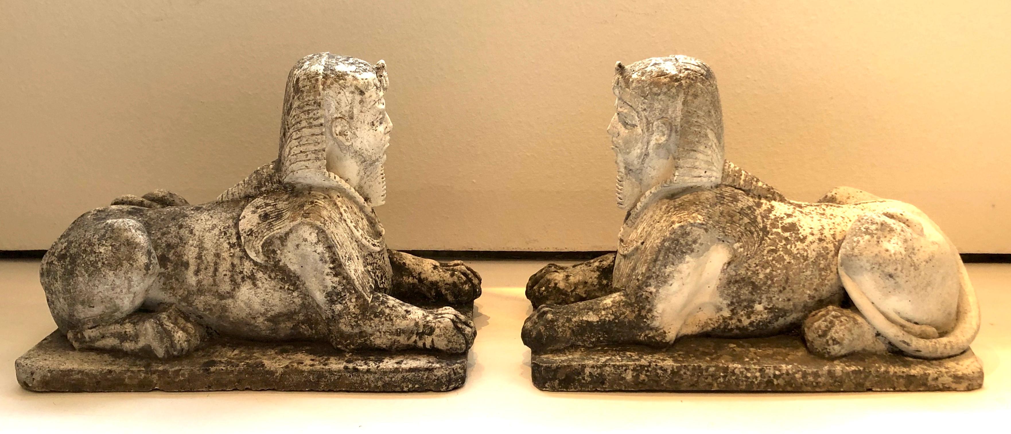 Italian Antique Pair of Sphinx Pharaoh Head Cast Stone Garden Ornaments, Italy