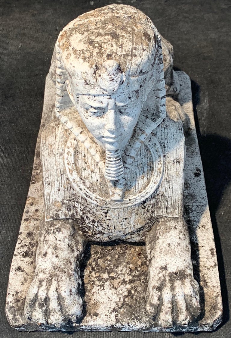 Antique Pair of Sphinx Pharaoh Head Cast Stone Garden Ornaments, Italy