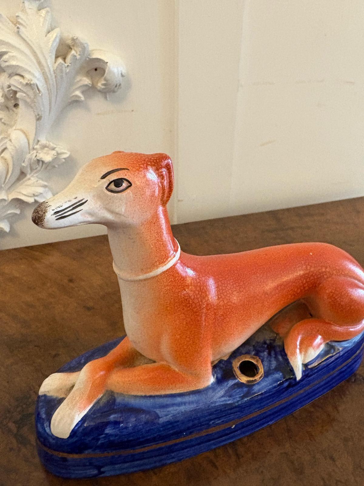 Ceramic Antique Pair of Staffordshire Greyhound Inkwells For Sale