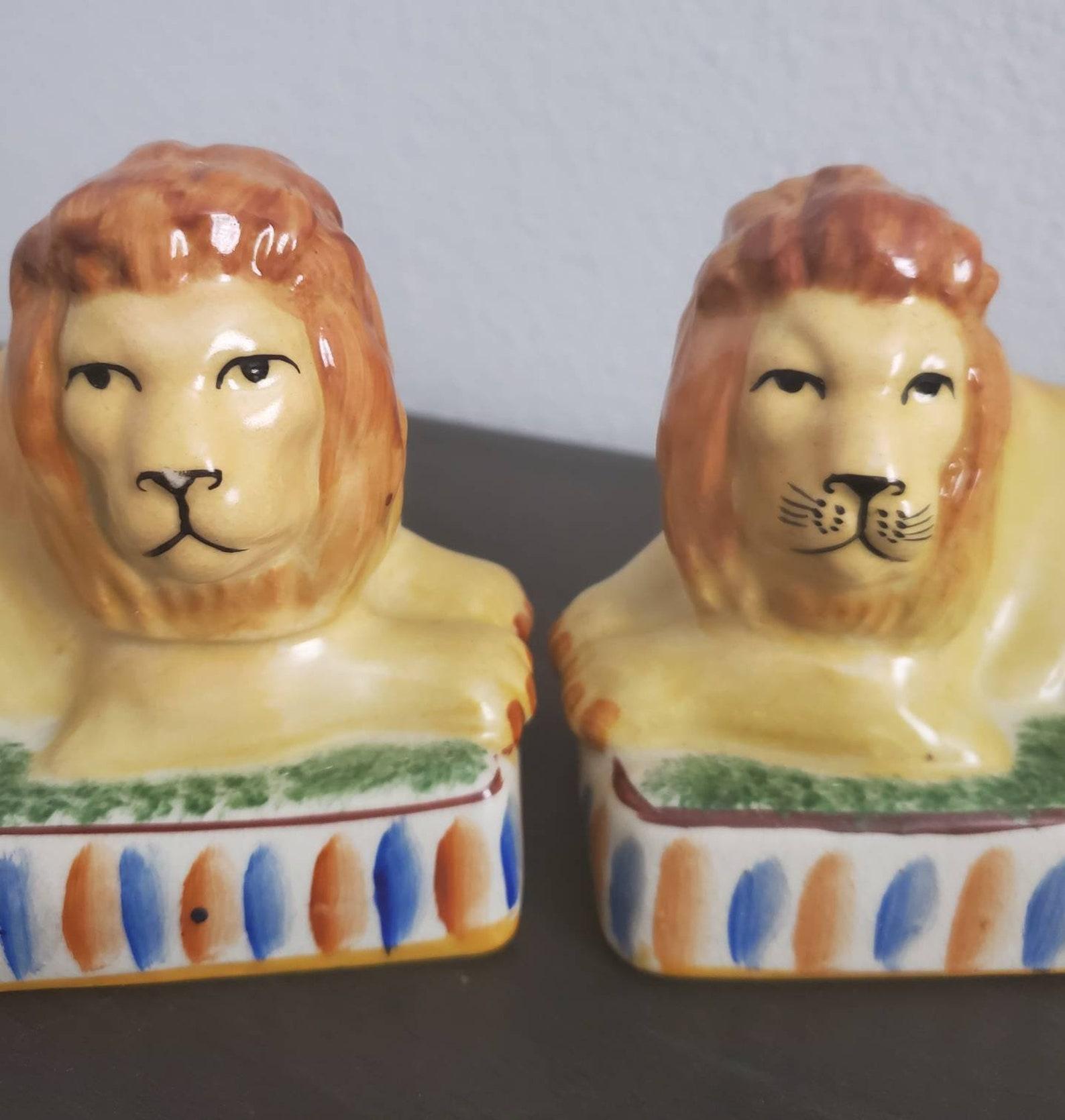 Ceramic Antique Pair of Staffordshire Recumbent Lions