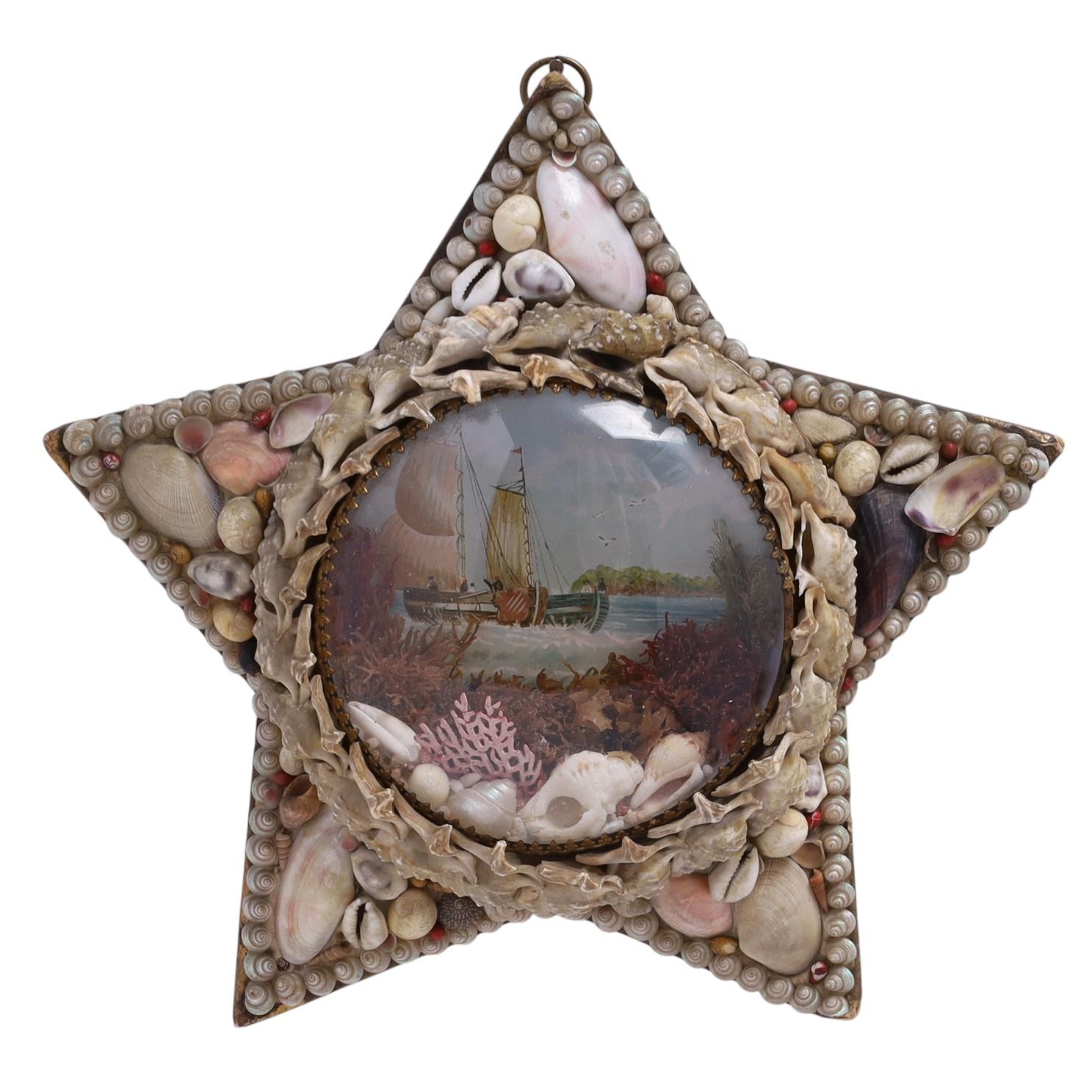 Enchanting pair of Sailors Valentines each decorated with exotic seashells in ambitious decorative order around sailing ships and sea bottom specimens as seen through a convex glass lens. 

Priced Individually