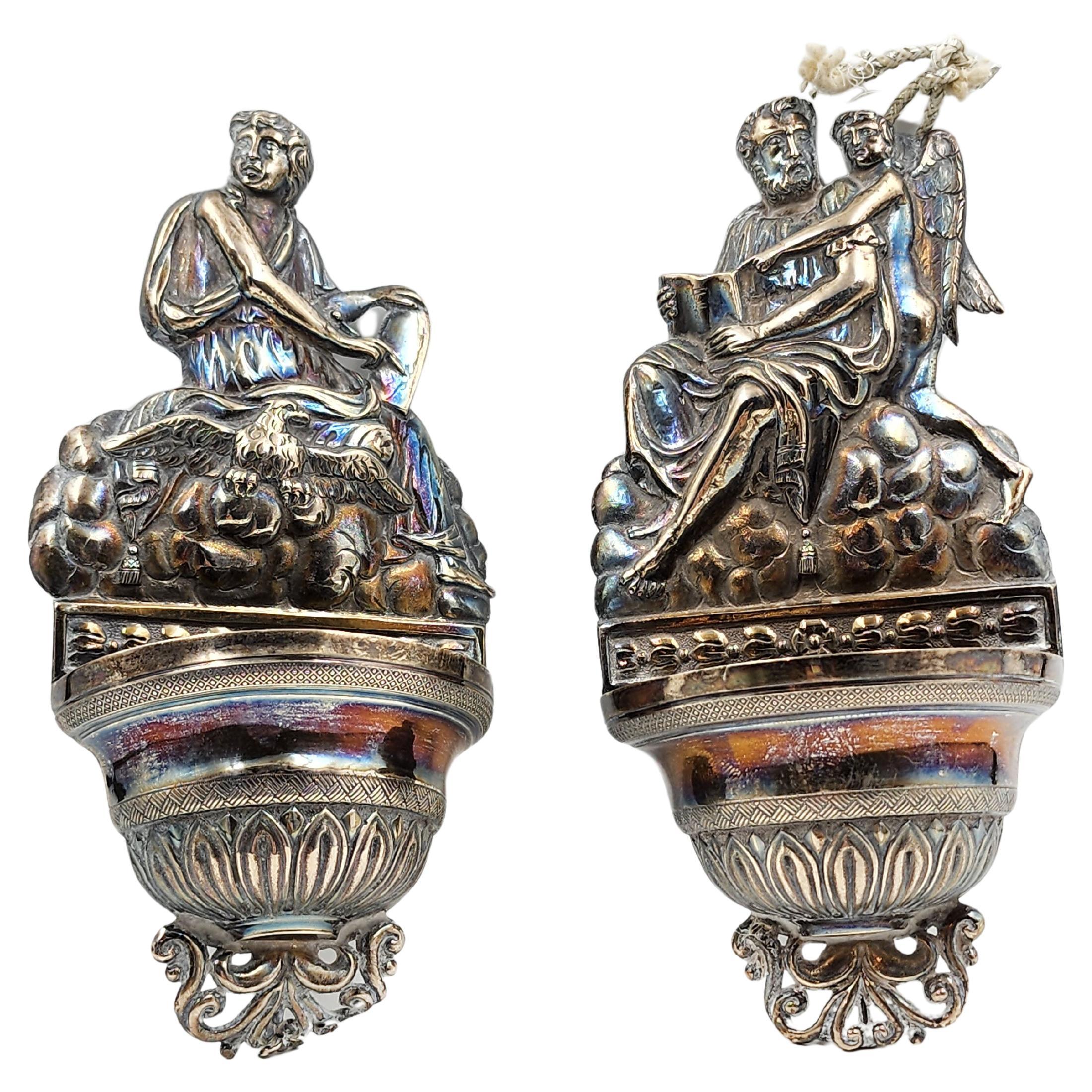 Antique Pair of sterling silver holy water fonts For Sale