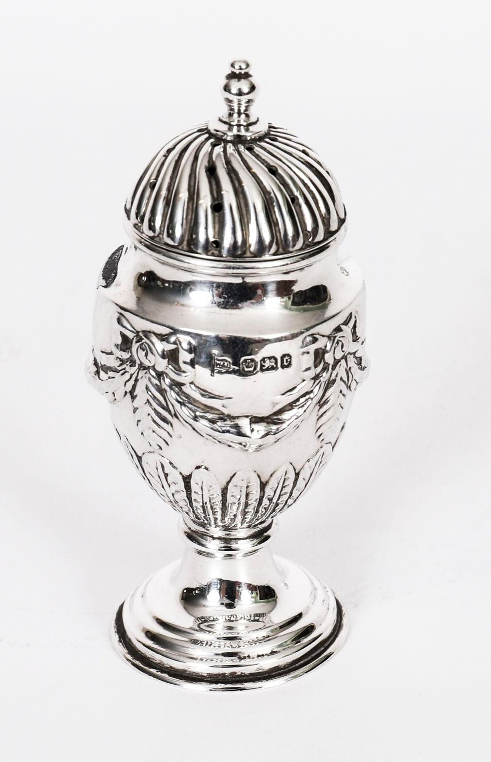 Vittoriano Antica coppia di Shakers in argento sterling per sale e pepe del 1885, XIX secolo in vendita