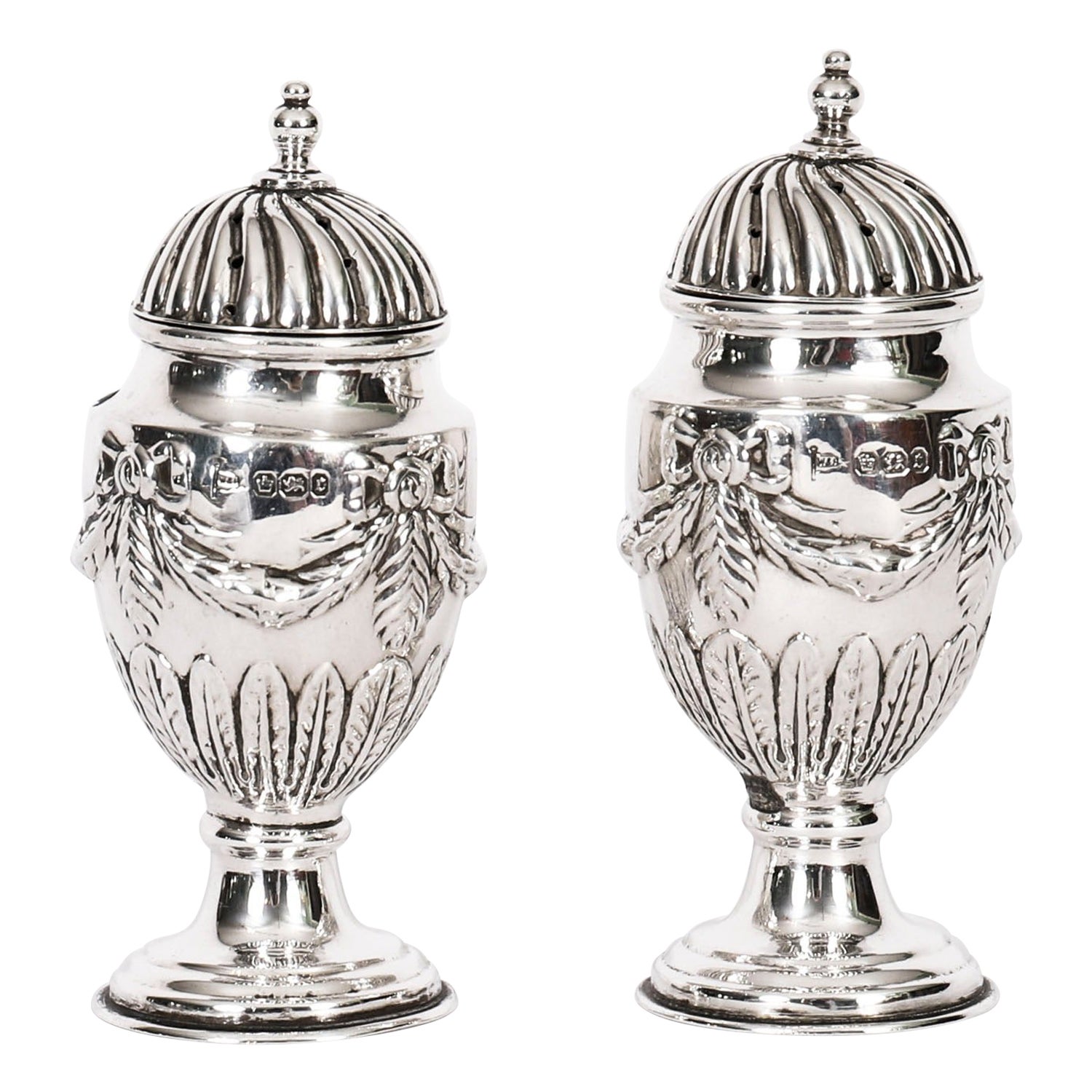 Antica coppia di Shakers in argento sterling per sale e pepe del 1885, XIX secolo in vendita