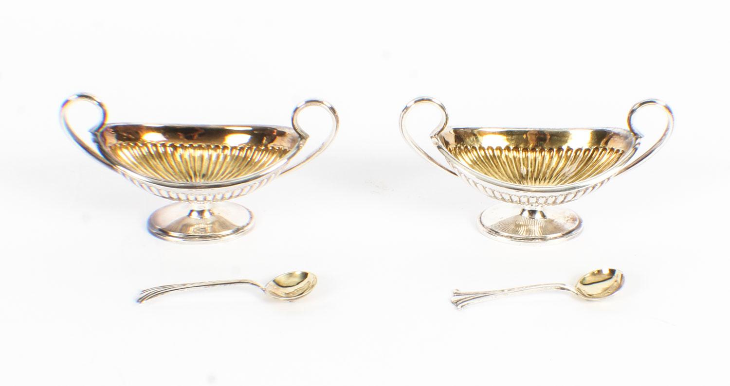 Victorian Antique Pair of Sterling Silver Salts & Spoons by Fenton Bros 1881, 19th Century