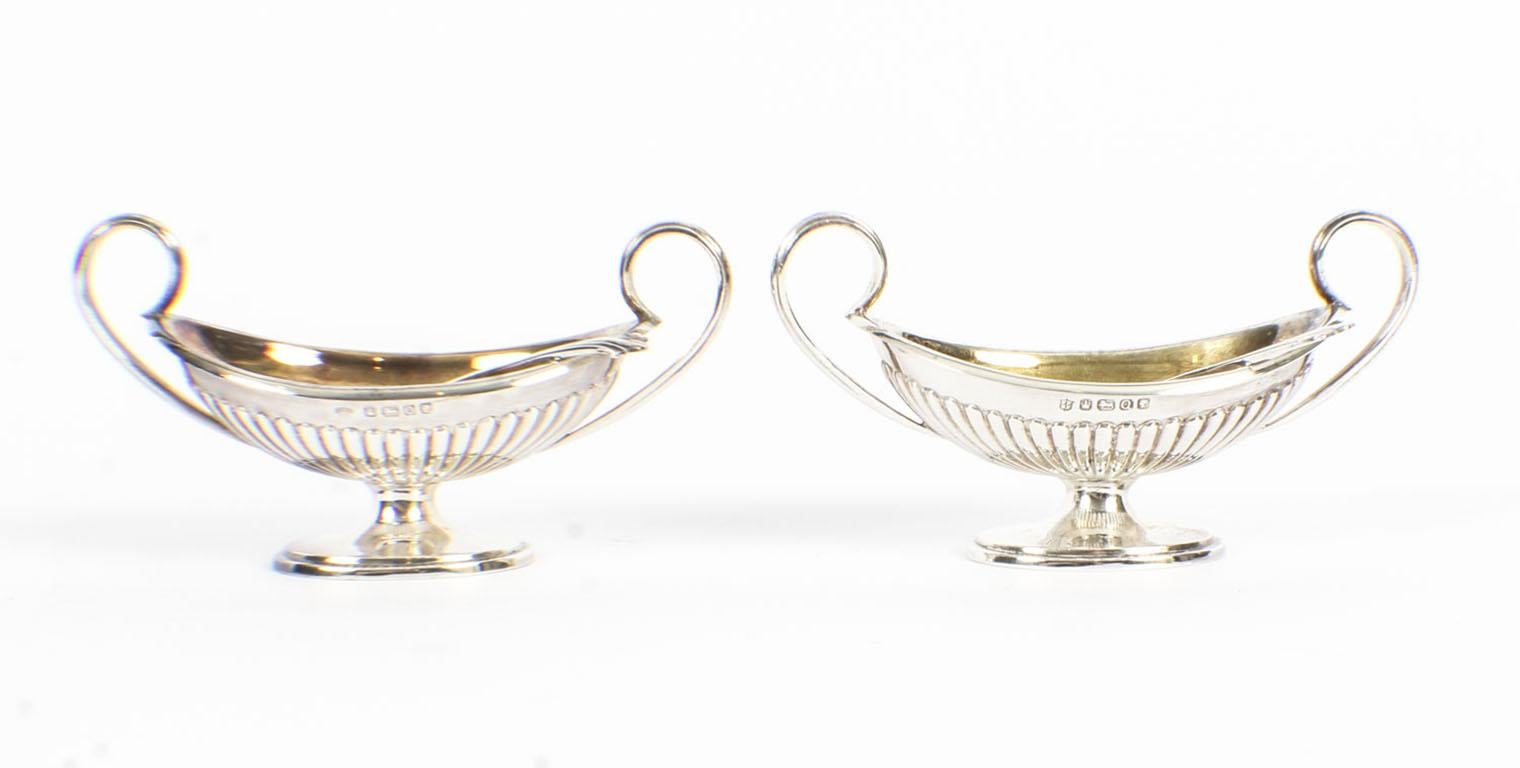 English Antique Pair of Sterling Silver Salts & Spoons by Fenton Bros 1881, 19th Century