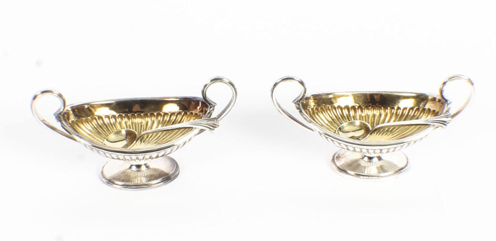 Late 19th Century Antique Pair of Sterling Silver Salts & Spoons by Fenton Bros 1881, 19th Century