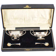 Antique Pair of Sterling Silver Salts & Spoons by Fenton Bros 1881, 19th Century
