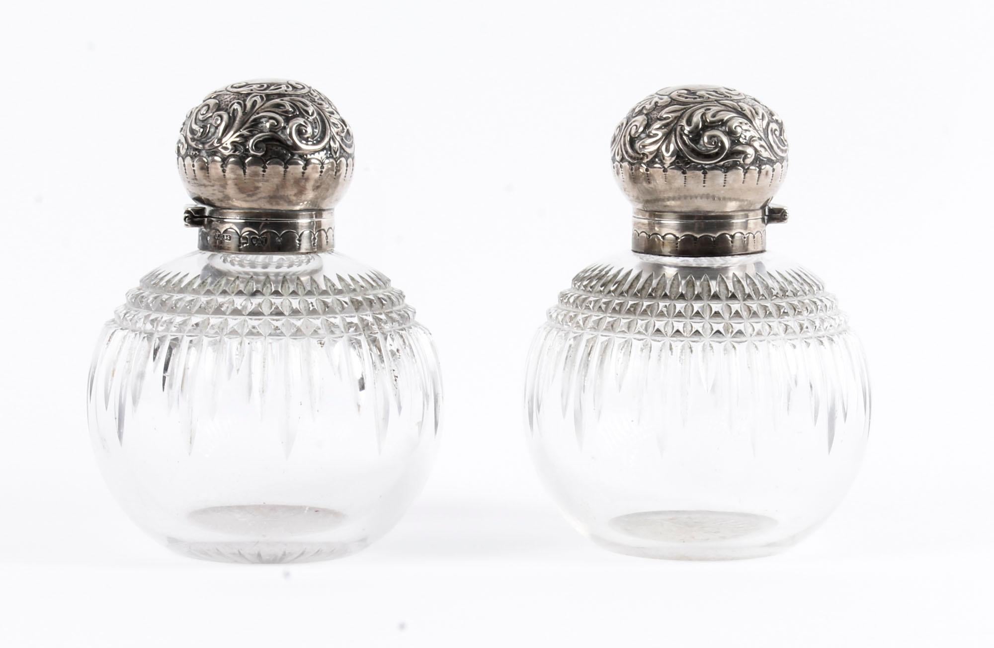 Antique Pair of Sterling Silver Top Cut Glass Perfume Bottles 1894, 19th Century 6
