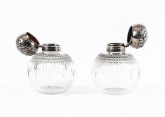 Antique Pair of Sterling Silver Top Cut Glass Perfume Bottles 1894, 19th Century