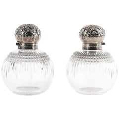 Antique Pair of Sterling Silver Top Cut Glass Perfume Bottles 1894, 19th Century