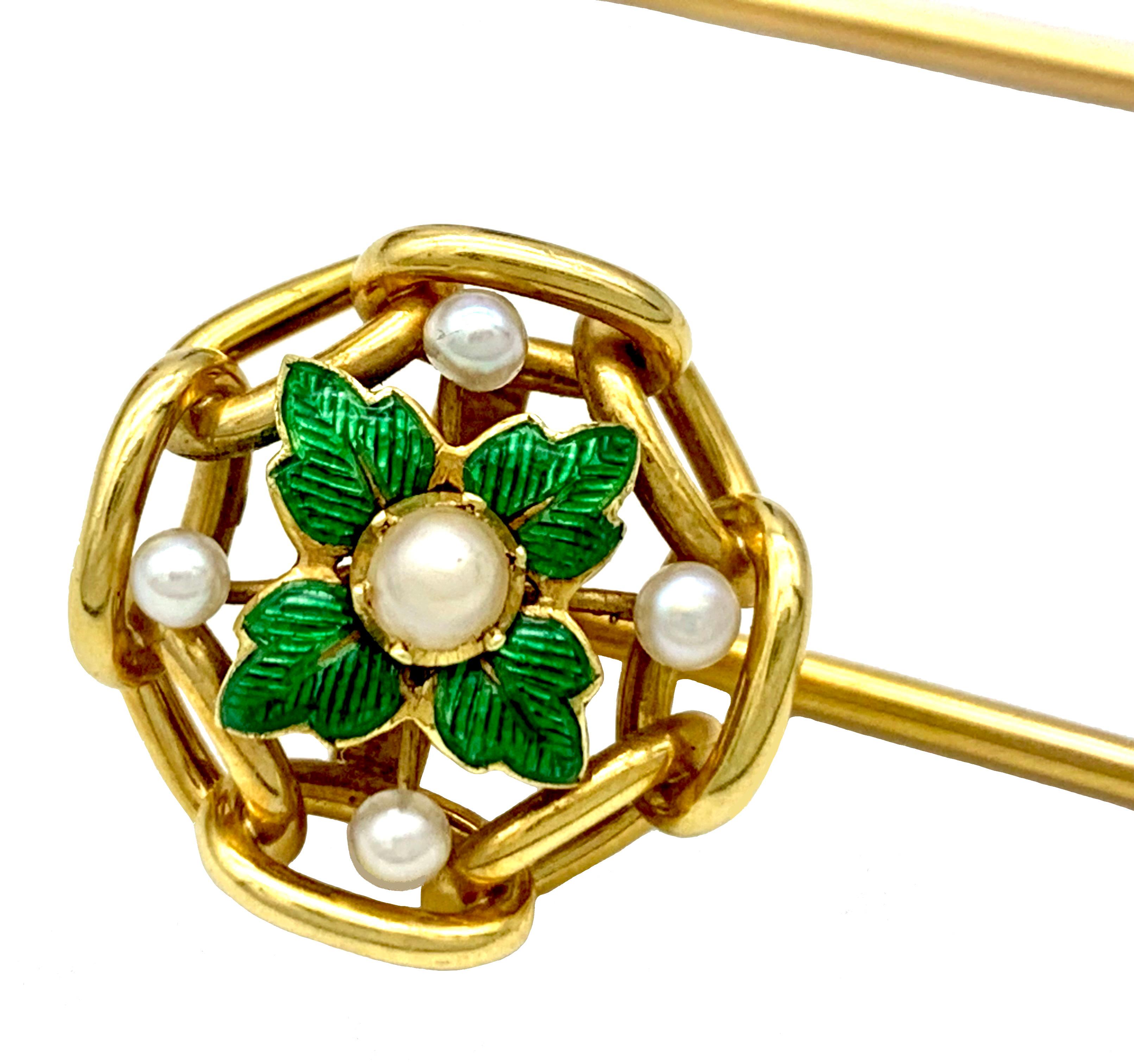 Bead Antique Pair of Stickpins 18 Karat Gold Green Guilloché Enamel Natural Pearls For Sale