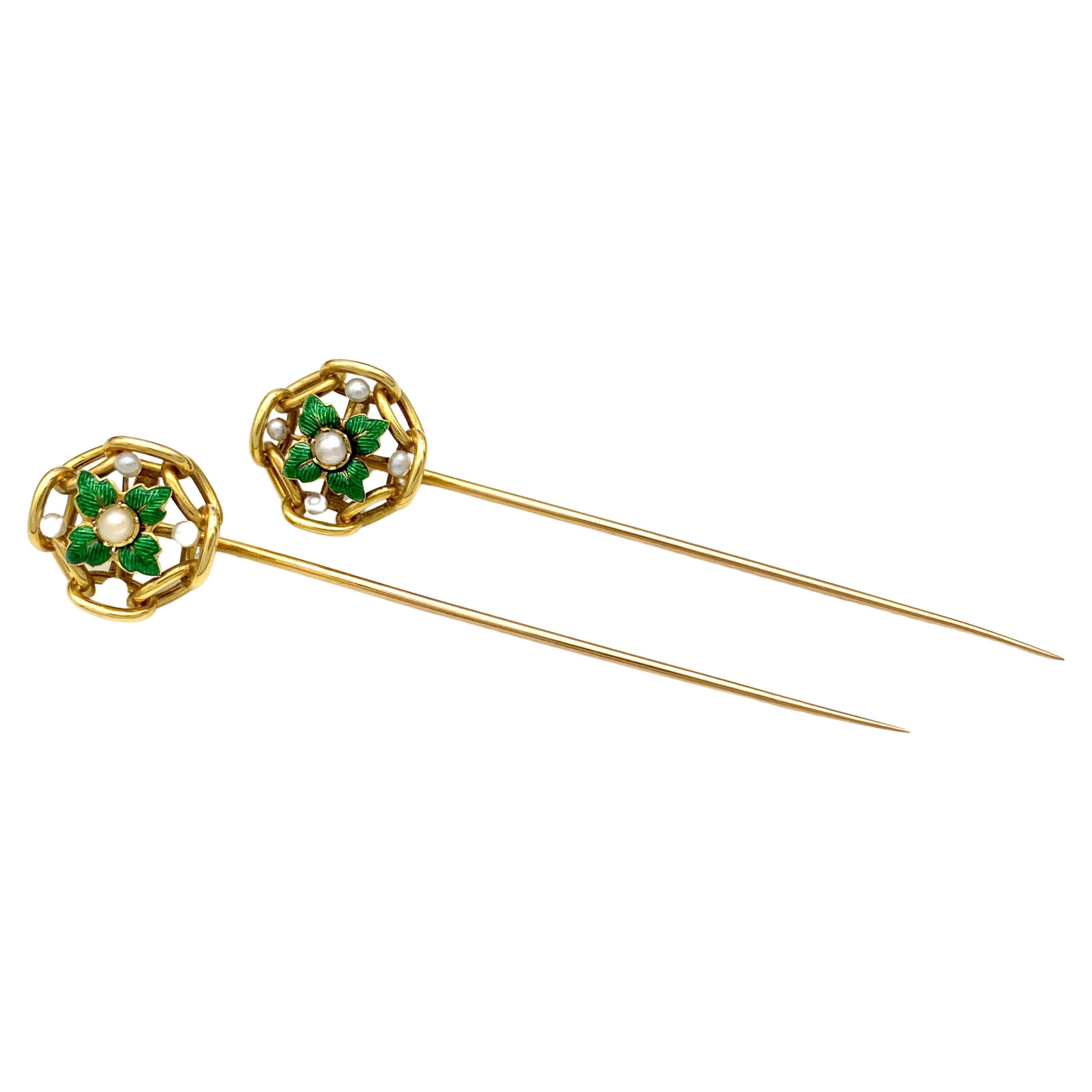 Antique Pair of Stickpins 18 Karat Gold Green Guilloché Enamel Natural Pearls For Sale