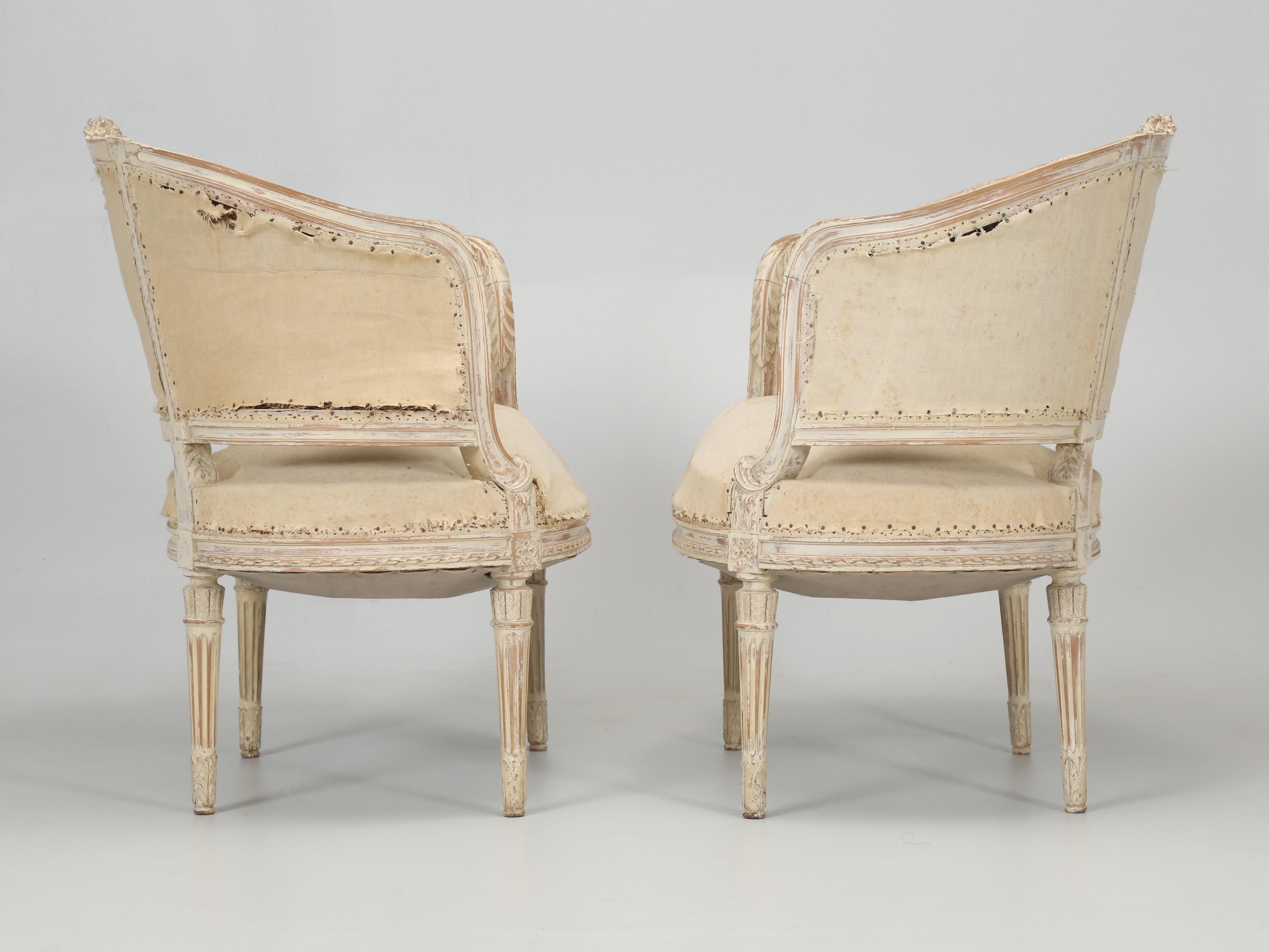 Antique Pair of Swedish Bergère Chairs in Louis XVI Style in Old Paint C1800's For Sale 1