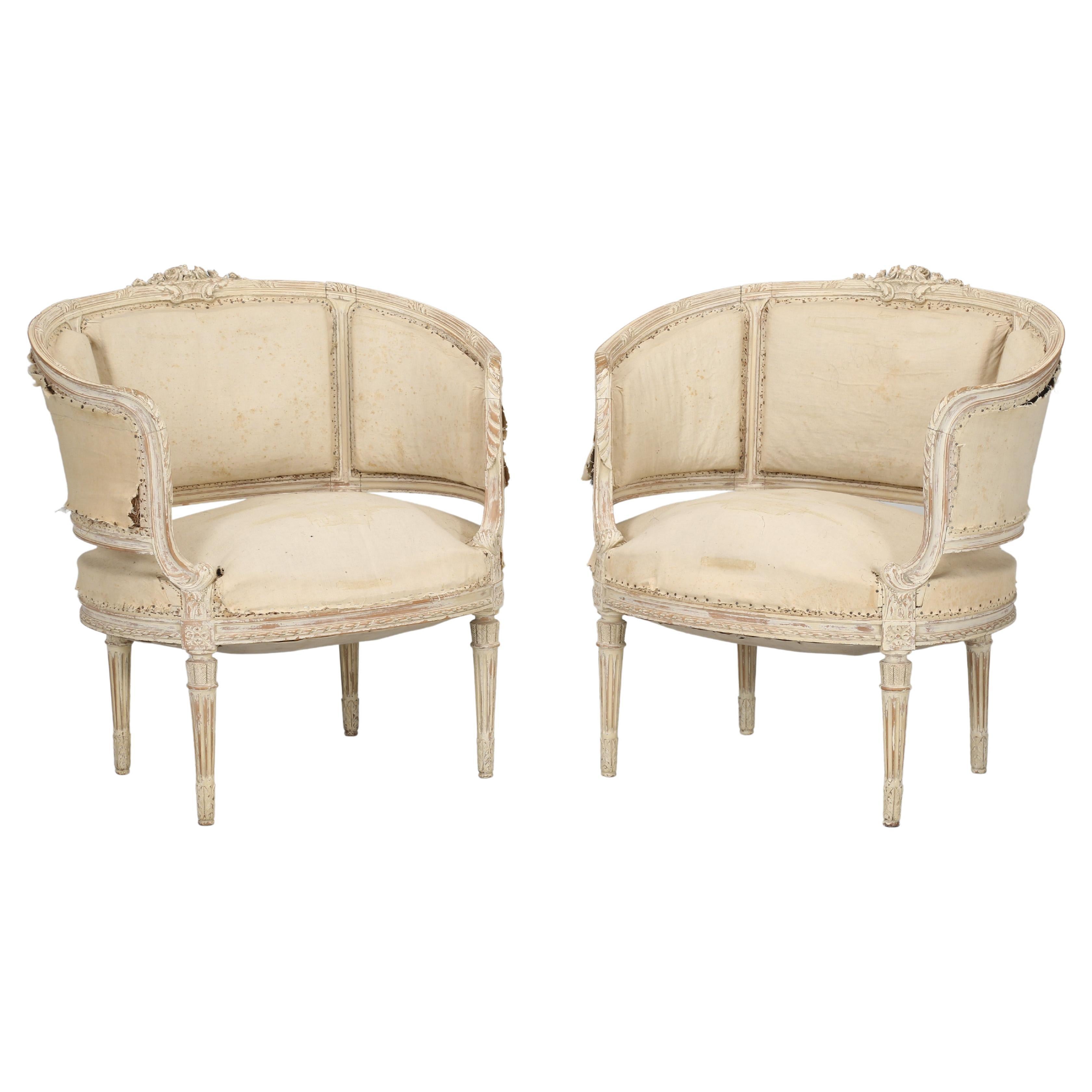 Antique Pair of Swedish Bergère Chairs in Louis XVI Style in Old Paint C1800's