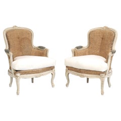 Used Pair of Swedish Gustavian Bergère Chairs in Old Paint Unrestored c1900