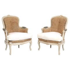 Antiquité Paire de chaises suédoises Gustaviennes Bergère en peinture ancienne non restaurée c1900