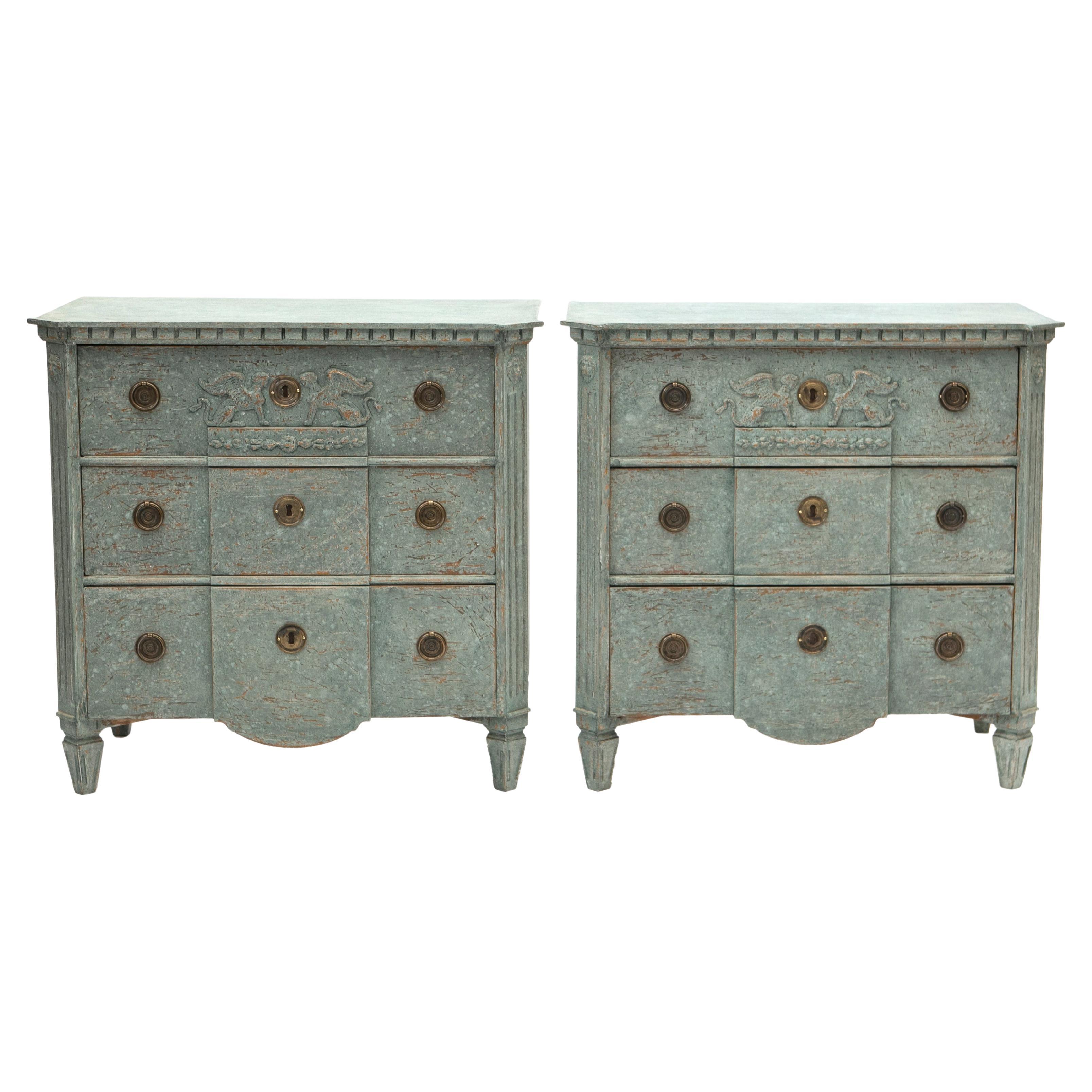 Antique Pair of Swedish Gustavian Style Blue Painted Chest of Drawer