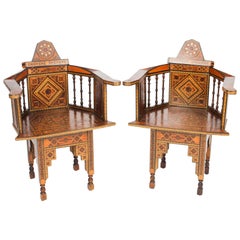 Antique Pair of Syrian Mother Pearl Parquetry Inlaid Armchairs, 19th Century