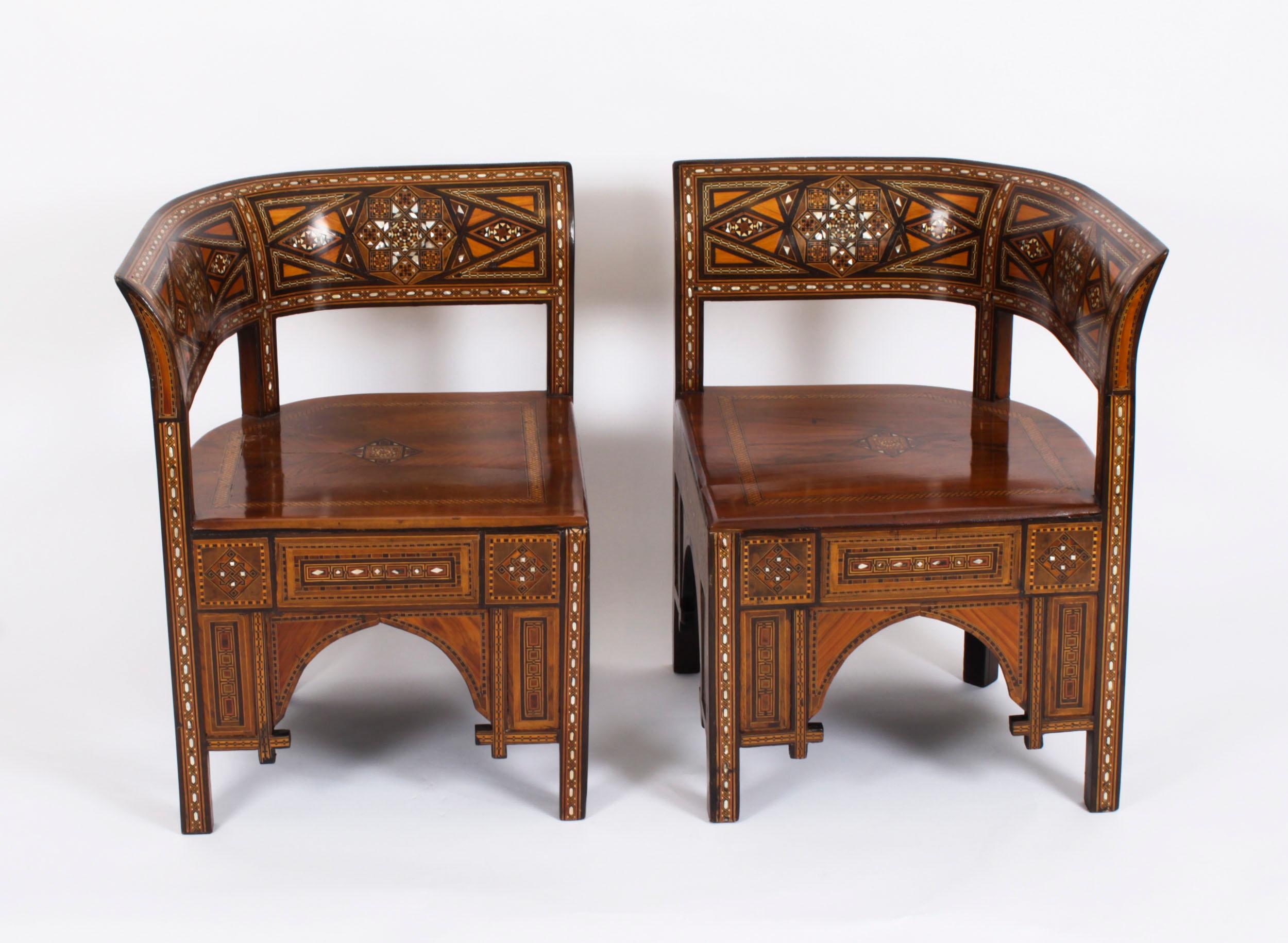 Antique Pair of Syrian Parquetry Inlaid Armchairs C1900 In Good Condition For Sale In London, GB